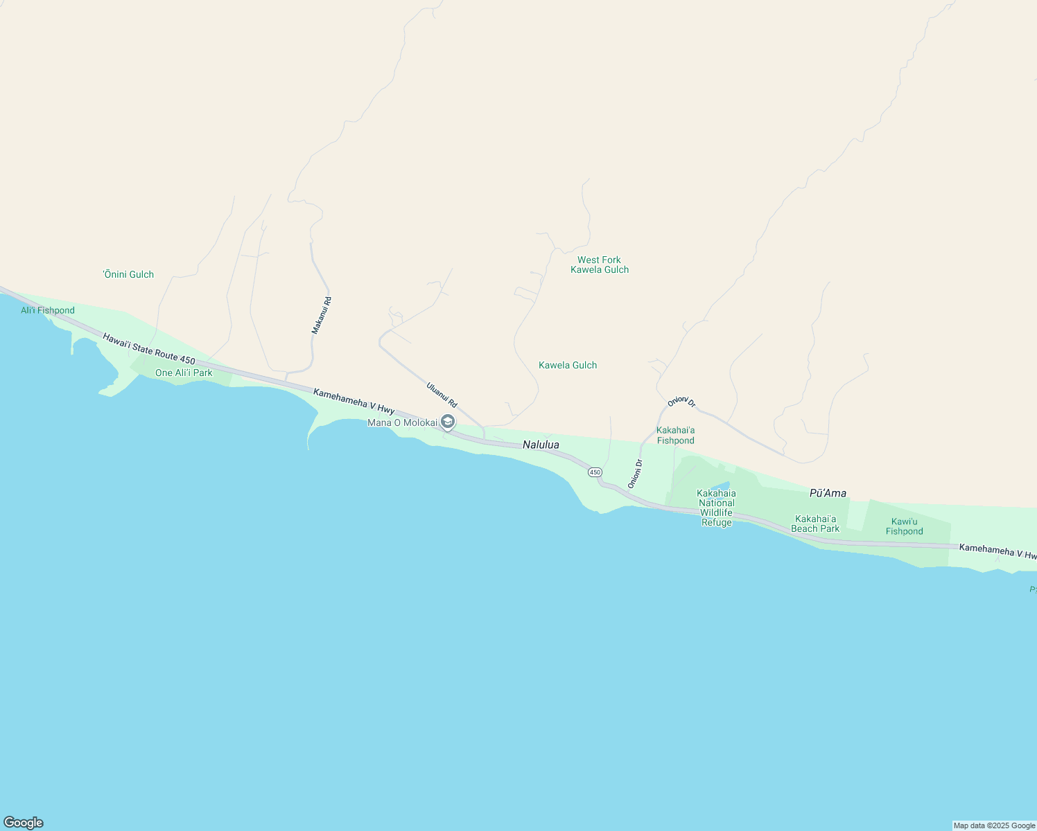 map of restaurants, bars, coffee shops, grocery stores, and more near 0 Ulua Road in Kaunakakai