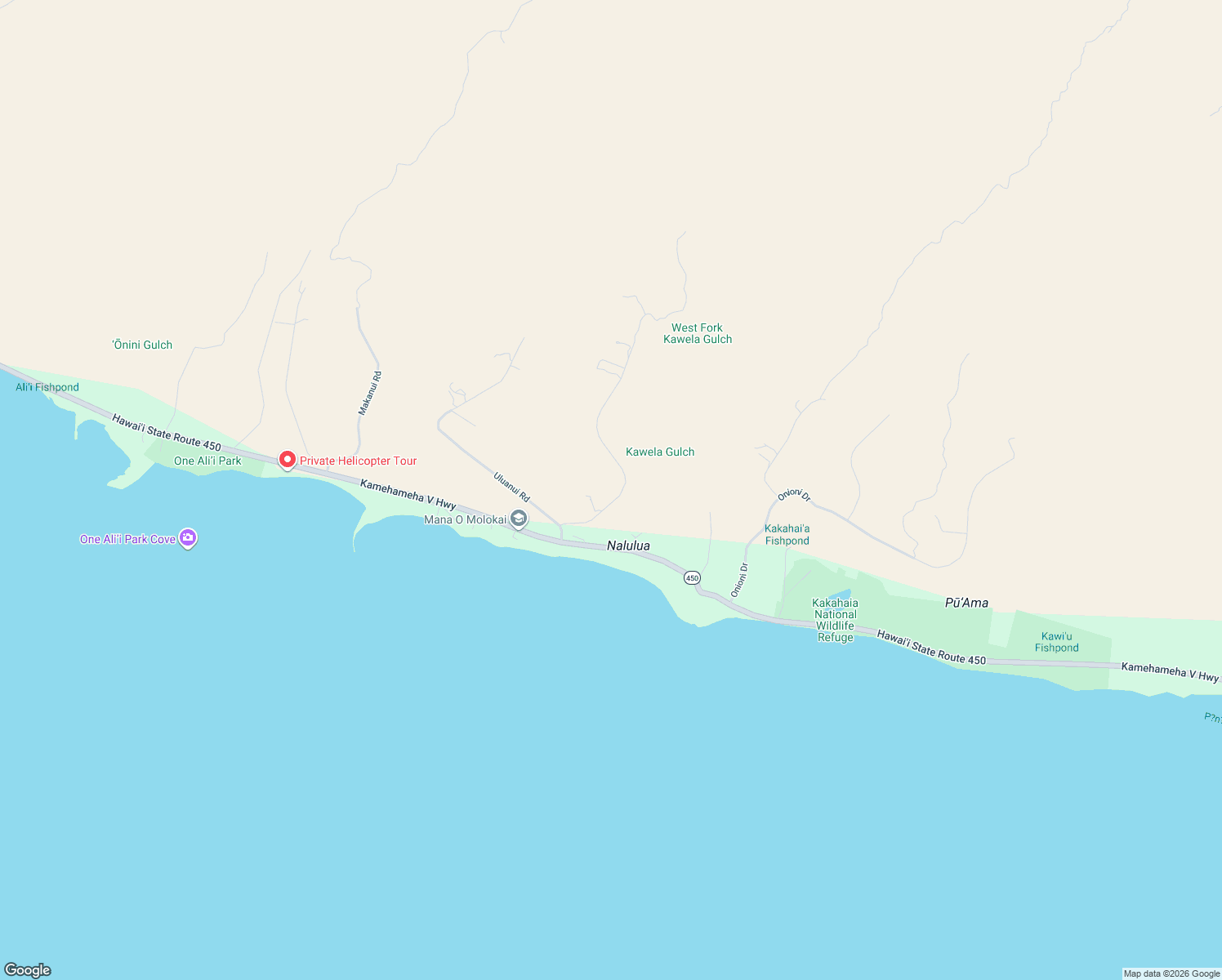 map of restaurants, bars, coffee shops, grocery stores, and more near 75 Ulua Road in Kaunakakai