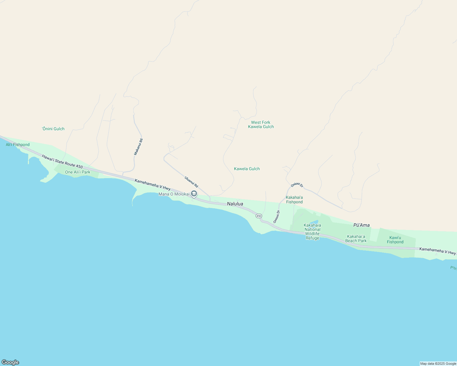 map of restaurants, bars, coffee shops, grocery stores, and more near 115 Ulua Road in Kaunakakai