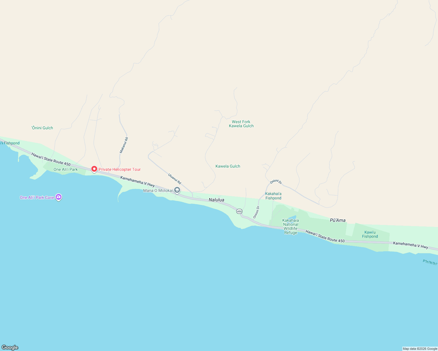 map of restaurants, bars, coffee shops, grocery stores, and more near 170 Ulua Road in Kaunakakai