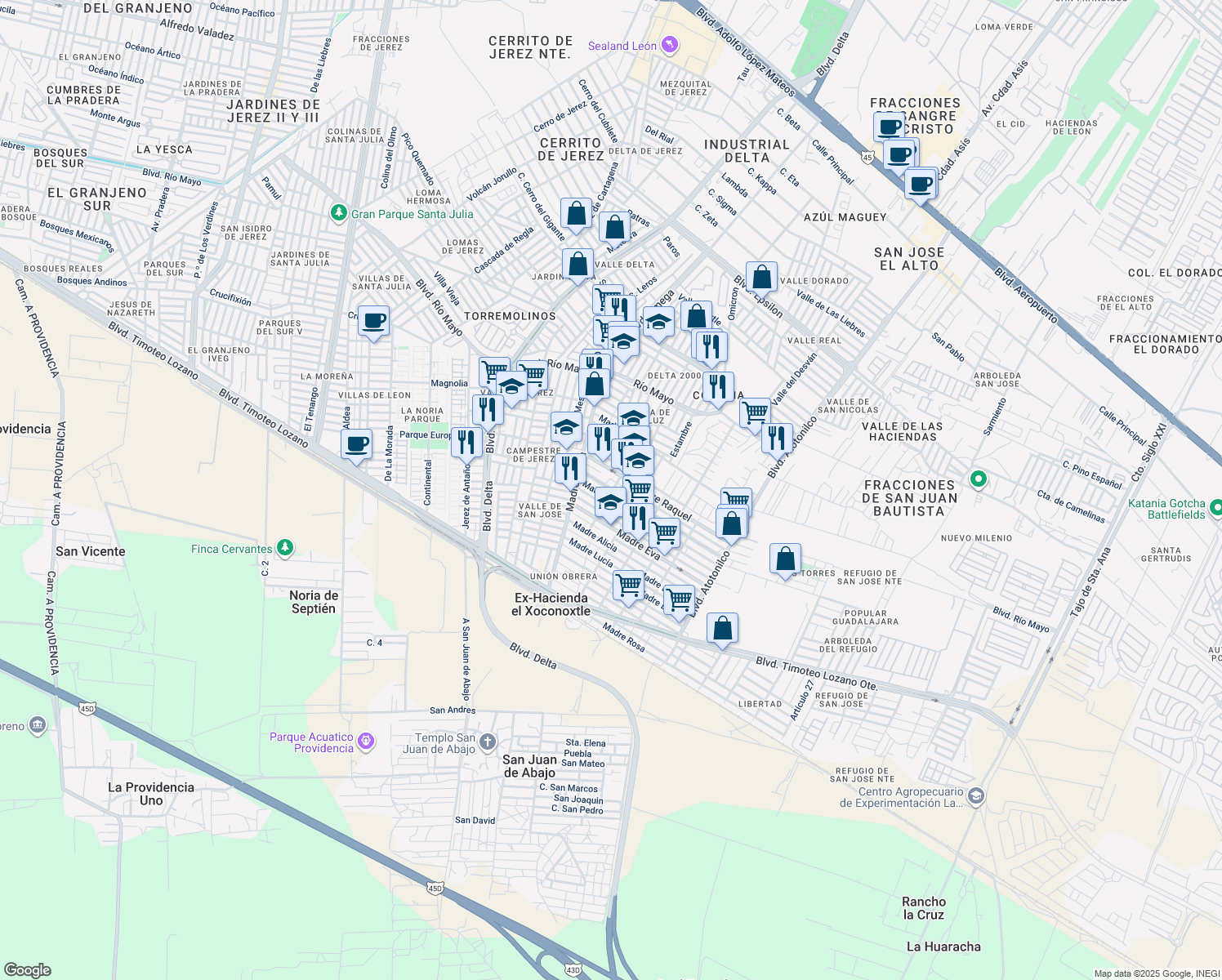 map of restaurants, bars, coffee shops, grocery stores, and more near in León de los Aldama