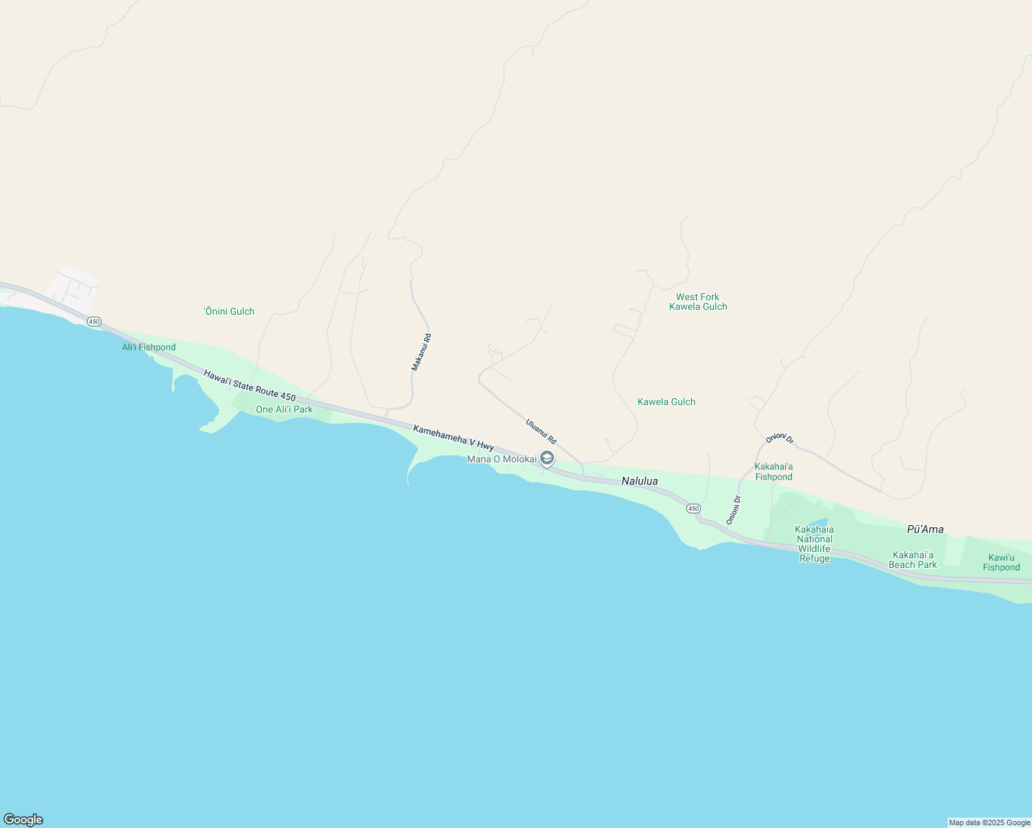 map of restaurants, bars, coffee shops, grocery stores, and more near 215 Uluanui Road in Kaunakakai