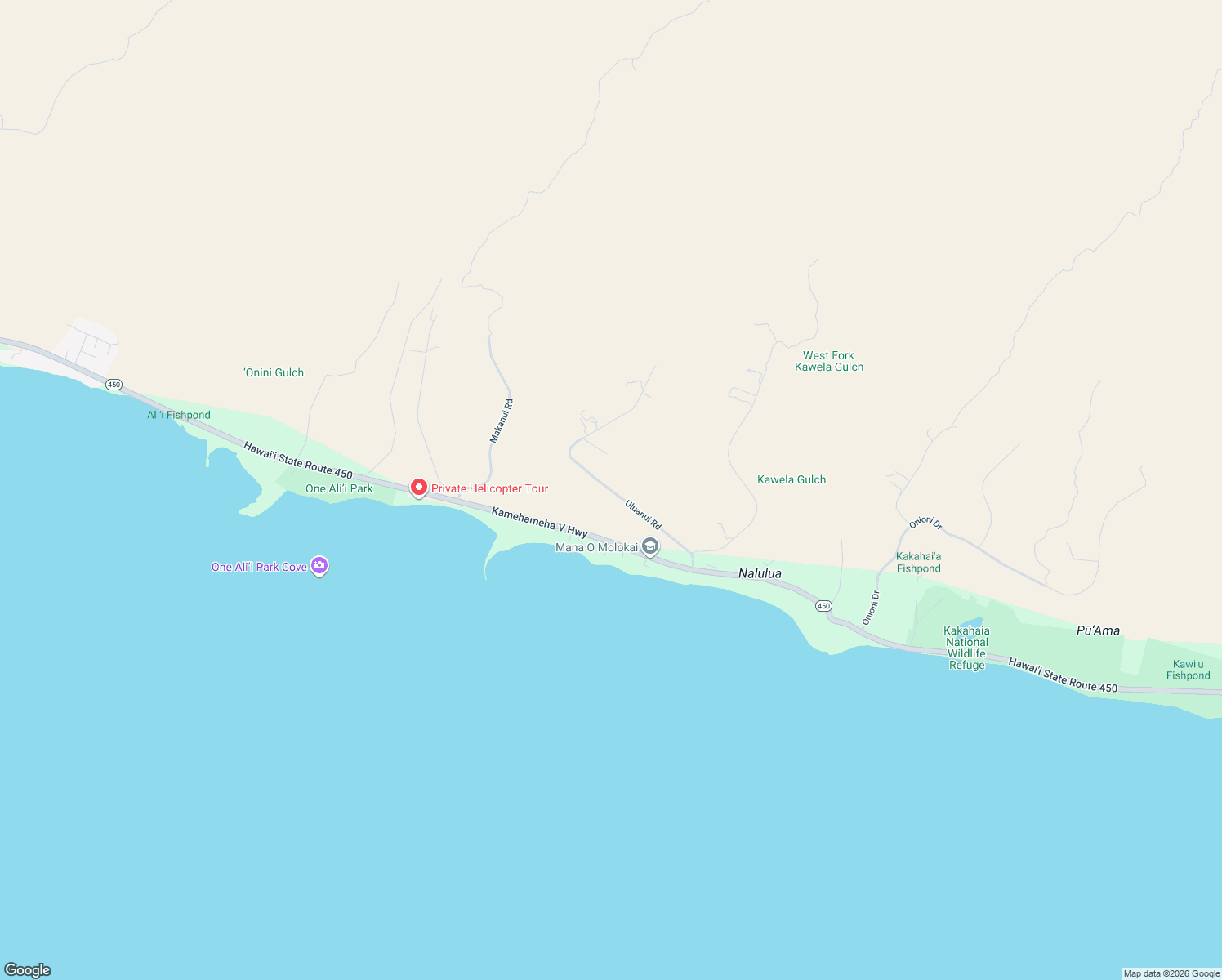 map of restaurants, bars, coffee shops, grocery stores, and more near Uluanui Road in Kaunakakai