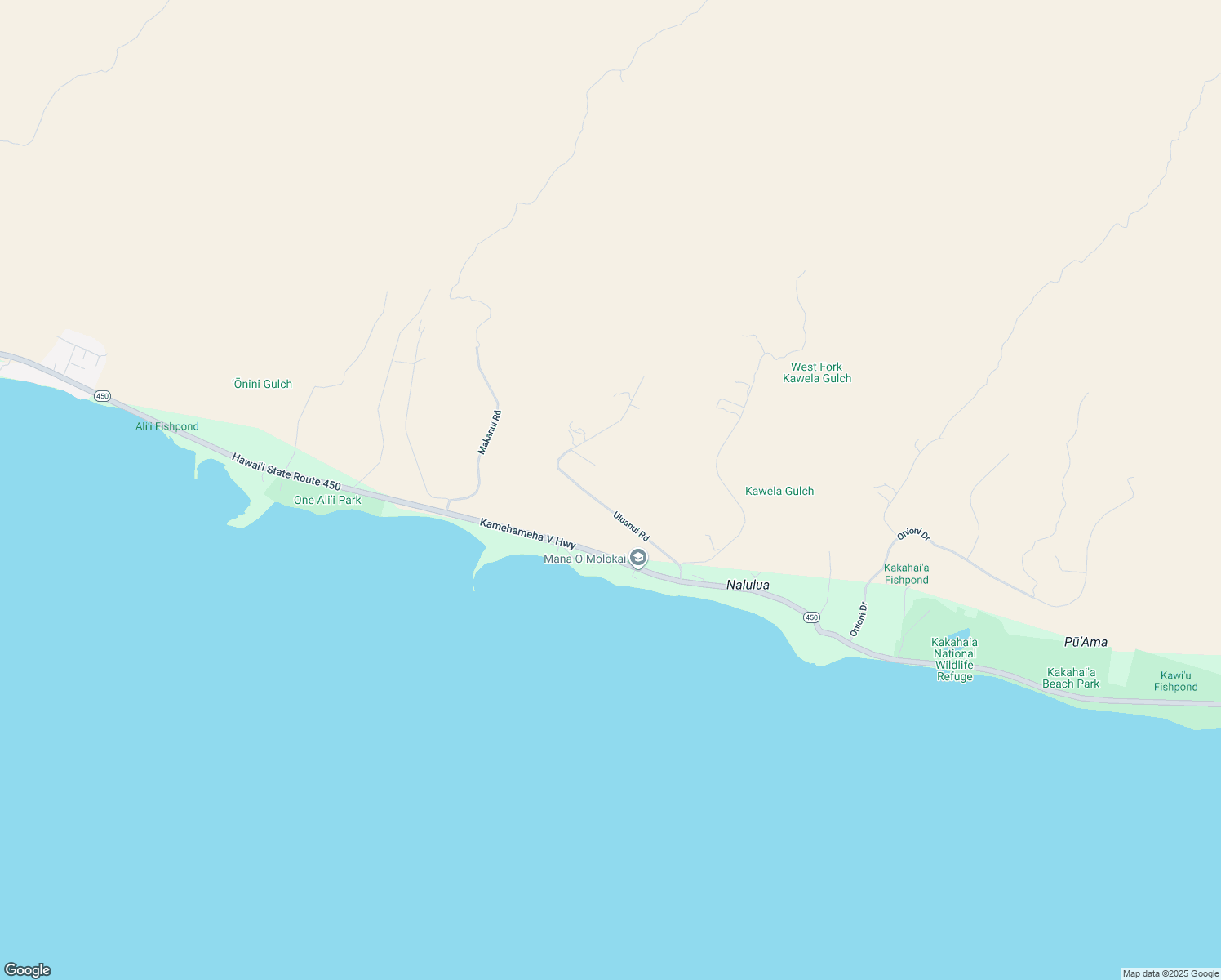 map of restaurants, bars, coffee shops, grocery stores, and more near 0 Uluanui Road in Kaunakakai