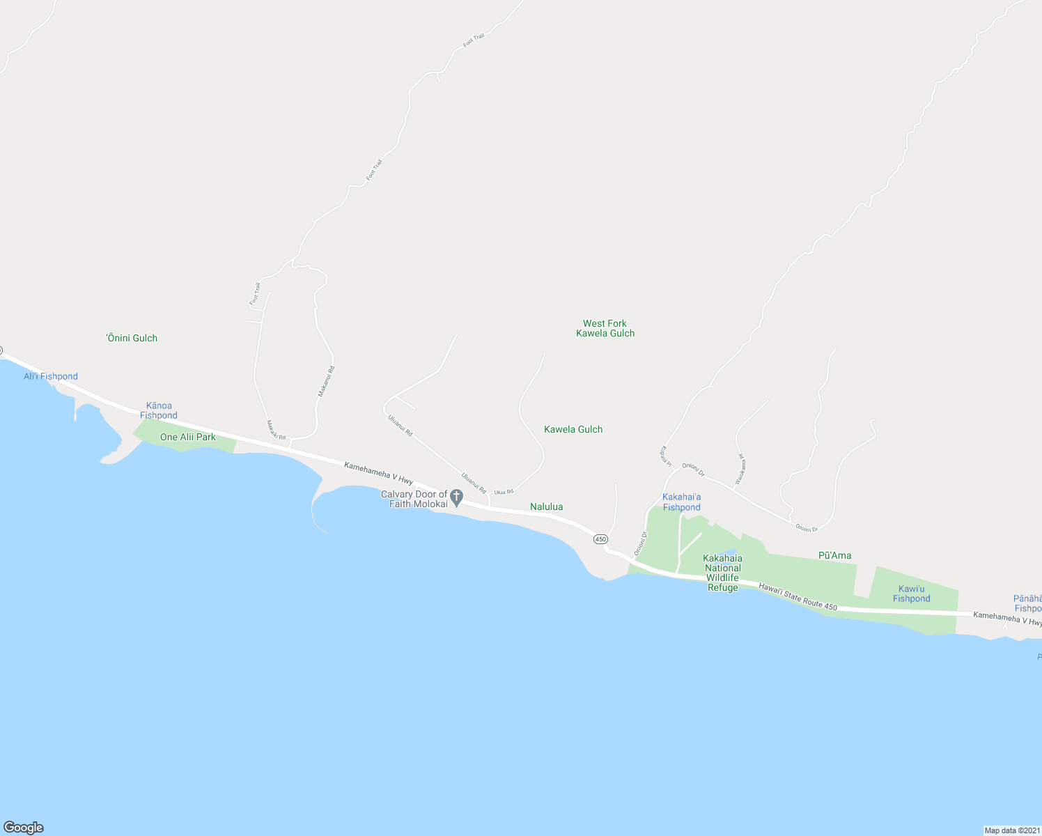 map of restaurants, bars, coffee shops, grocery stores, and more near Ulua Road in Kaunakakai