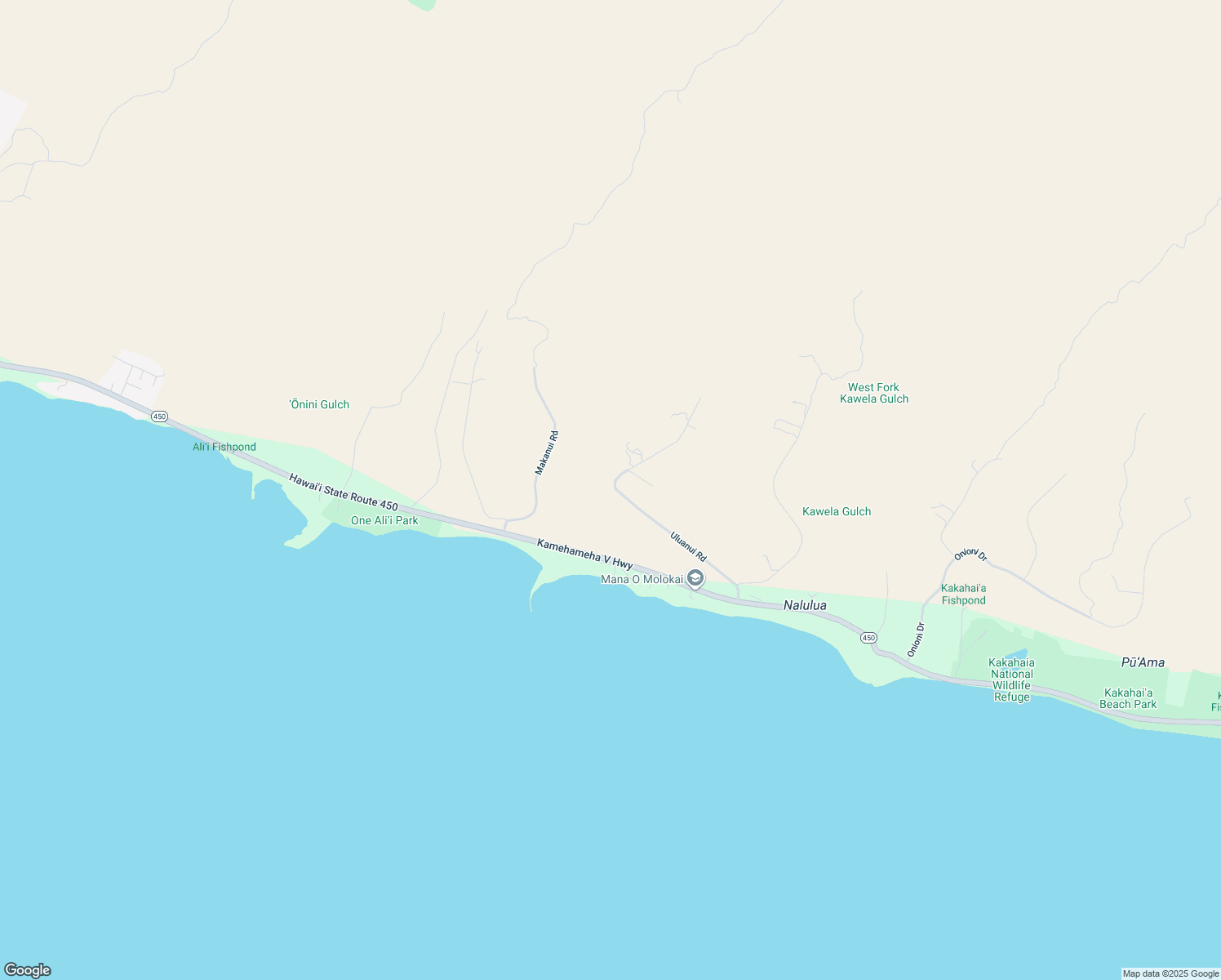 map of restaurants, bars, coffee shops, grocery stores, and more near 327 Uluanui Road in Kaunakakai