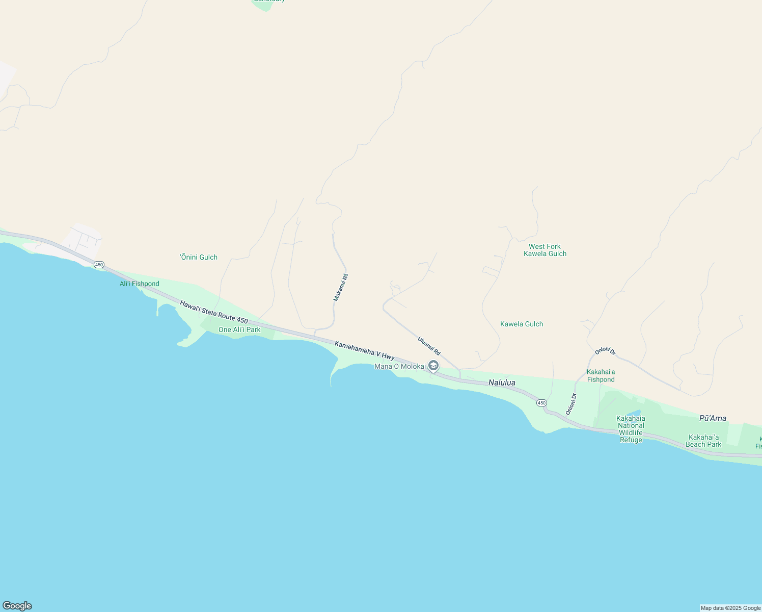 map of restaurants, bars, coffee shops, grocery stores, and more near 327 Uluanui Road in Kaunakakai