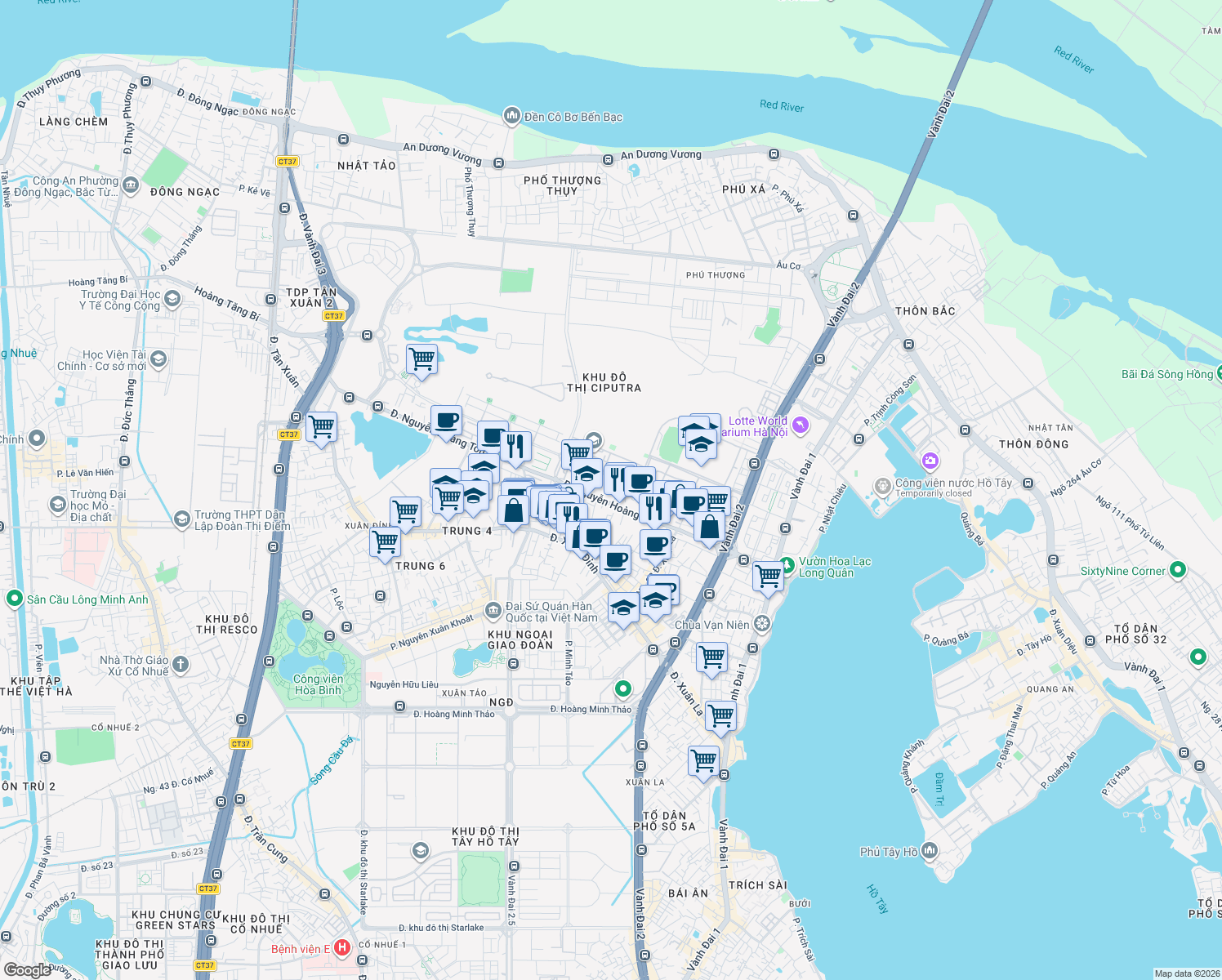 map of restaurants, bars, coffee shops, grocery stores, and more near 172 Đường Nguyễn Hoàng Tôn in Tây Hồ