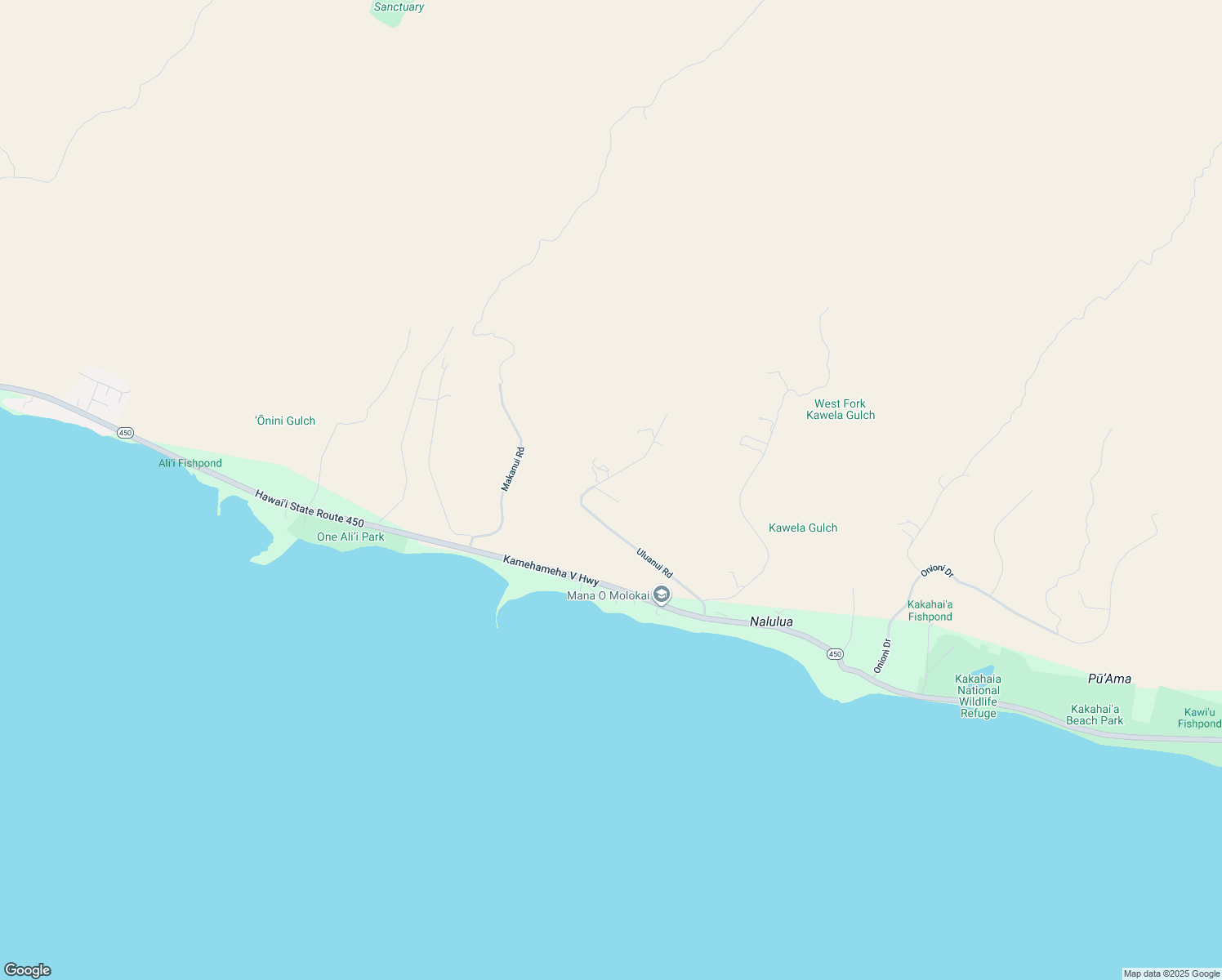 map of restaurants, bars, coffee shops, grocery stores, and more near 390 Uluanui Road in Kaunakakai