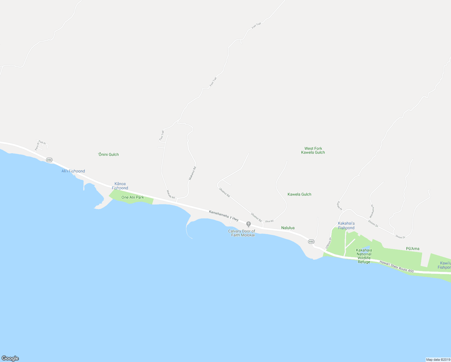 map of restaurants, bars, coffee shops, grocery stores, and more near 390 Uluanui Road in Kaunakakai