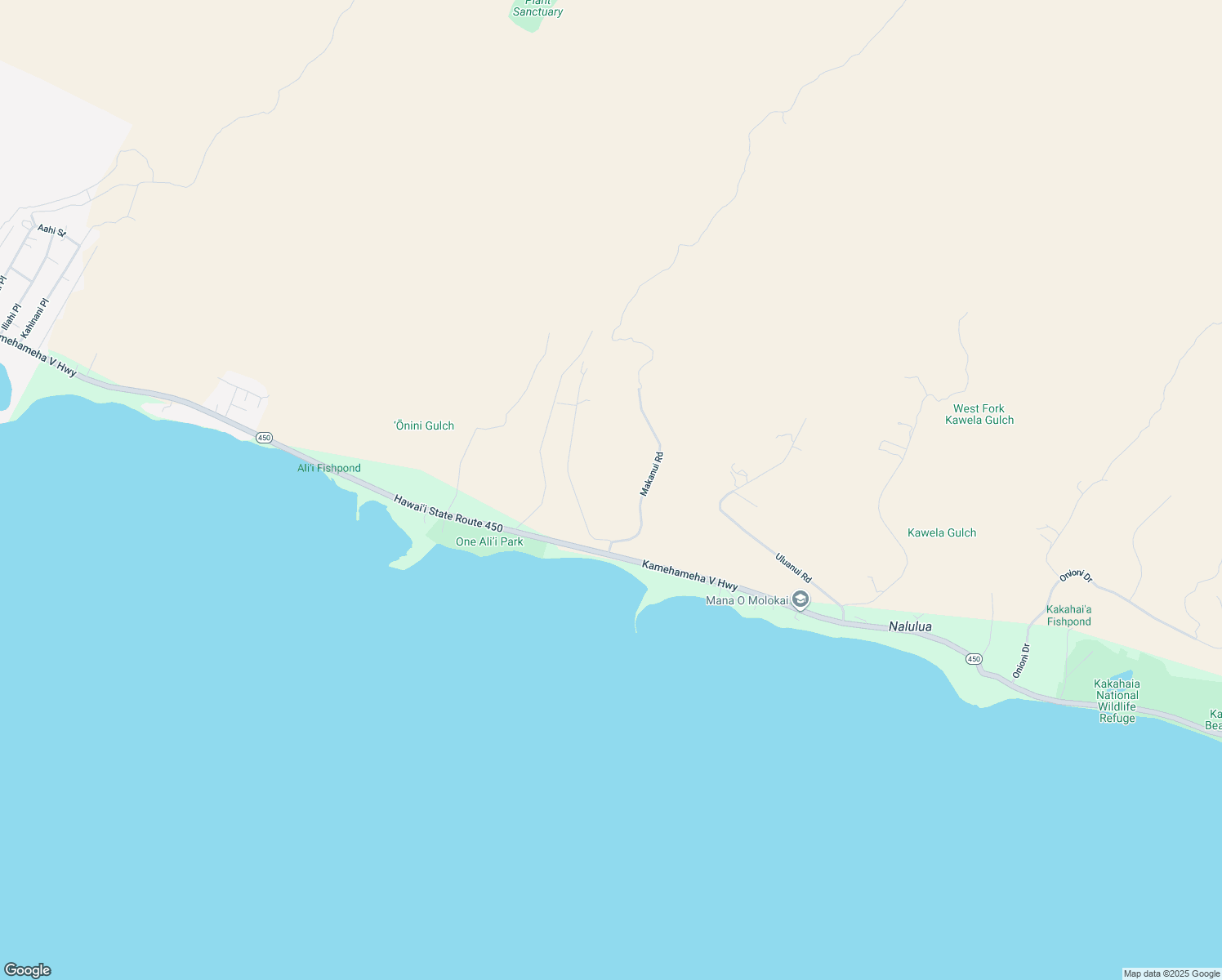 map of restaurants, bars, coffee shops, grocery stores, and more near Makaiki Road in Kaunakakai