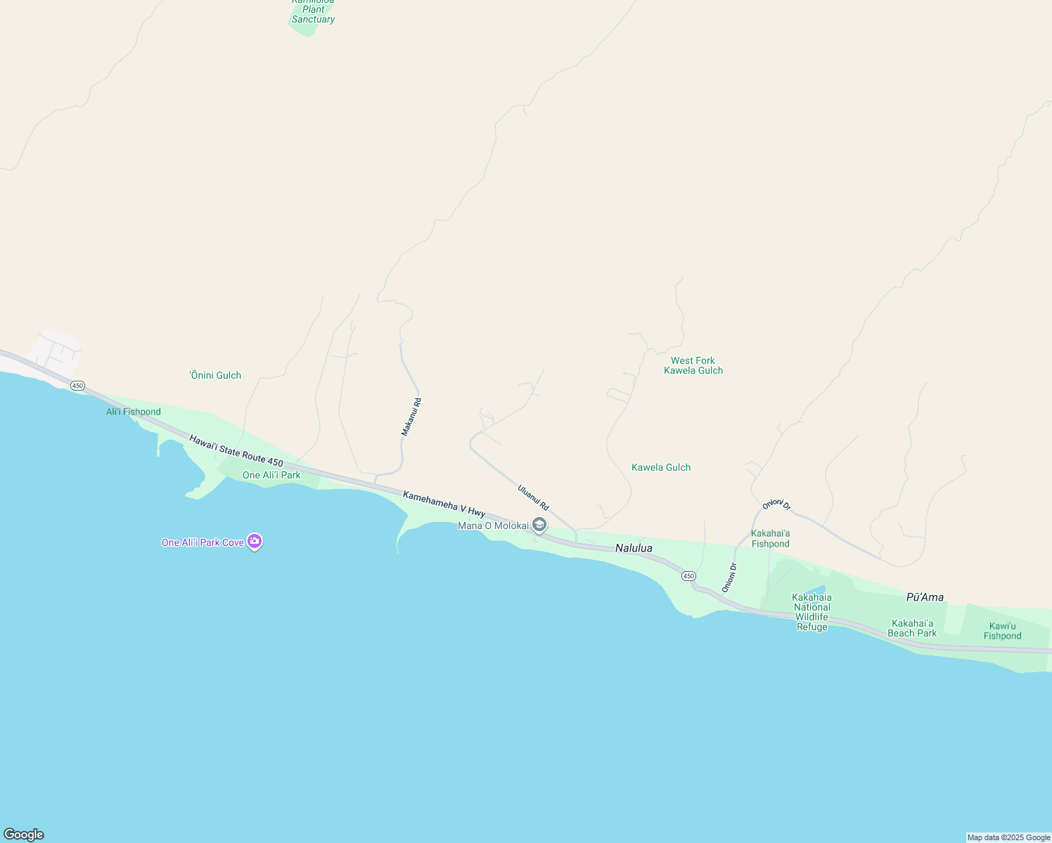 map of restaurants, bars, coffee shops, grocery stores, and more near 0 Uluanui Road in Kaunakakai