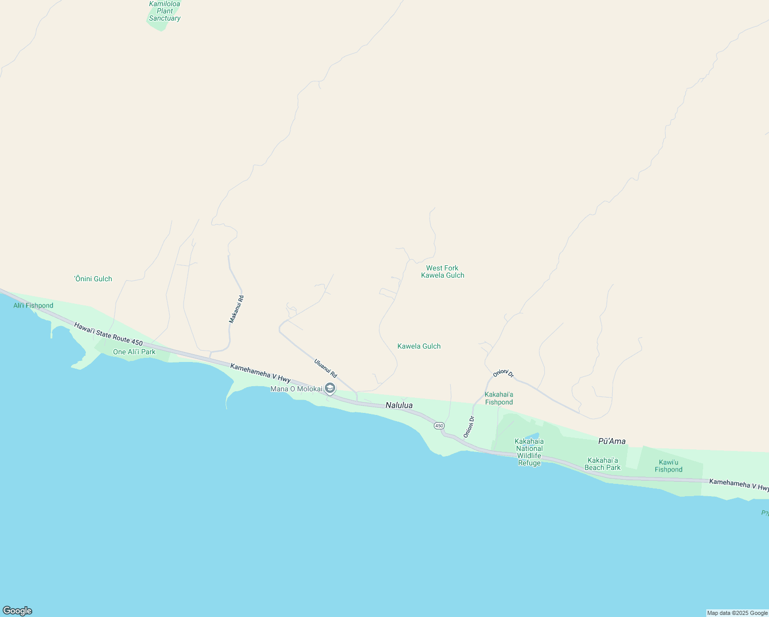 map of restaurants, bars, coffee shops, grocery stores, and more near Ulua Road in Kaunakakai
