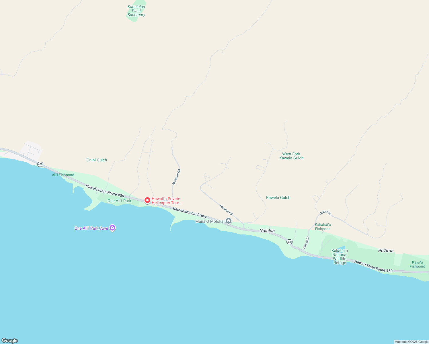 map of restaurants, bars, coffee shops, grocery stores, and more near 441 Uluanui Road in Kaunakakai