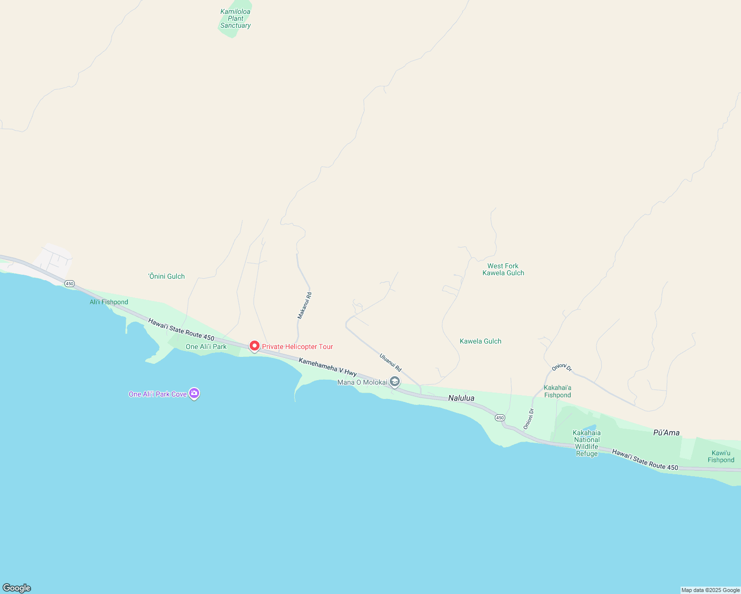 map of restaurants, bars, coffee shops, grocery stores, and more near Uluanui Road in Kaunakakai