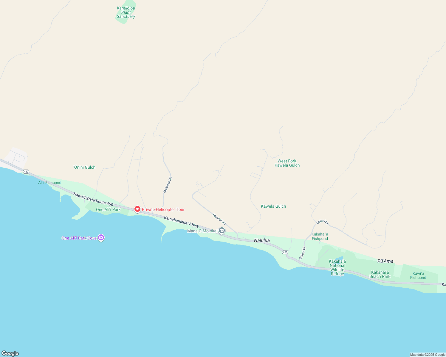 map of restaurants, bars, coffee shops, grocery stores, and more near 492 Uluanui Road in Kaunakakai