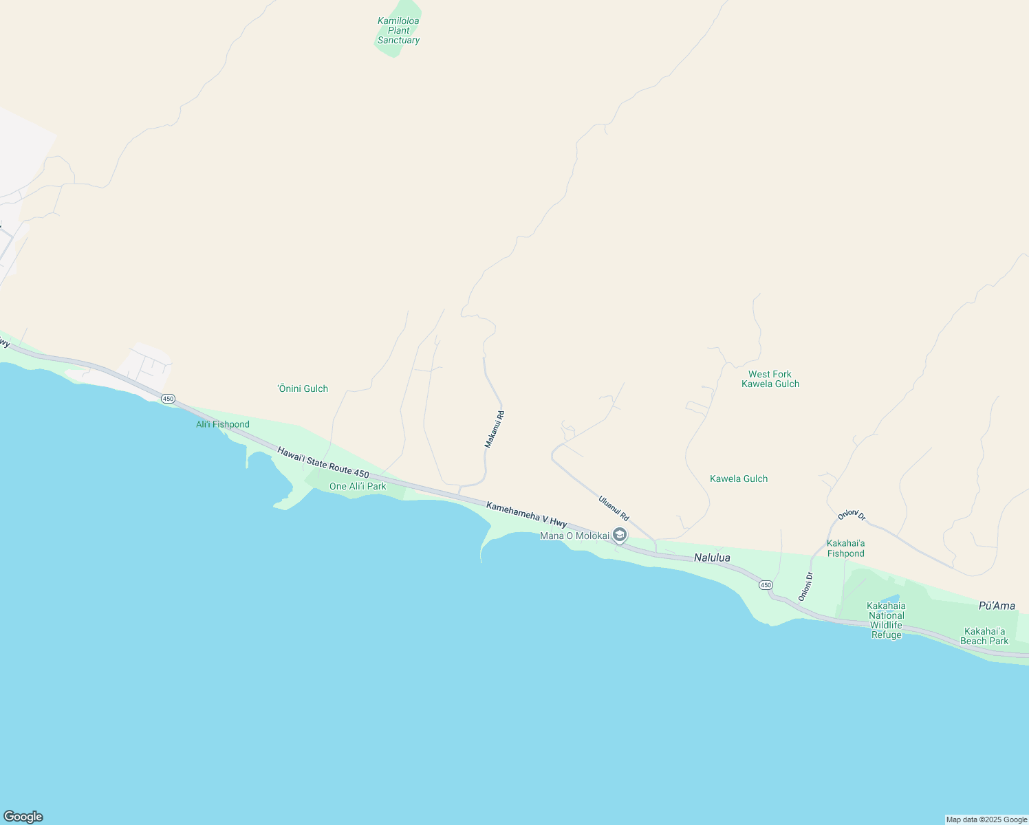 map of restaurants, bars, coffee shops, grocery stores, and more near 228 Makanui Road in Kaunakakai