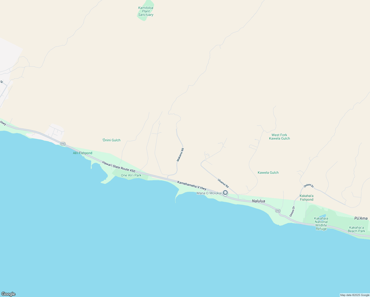 map of restaurants, bars, coffee shops, grocery stores, and more near 228 Makanui Road in Kaunakakai