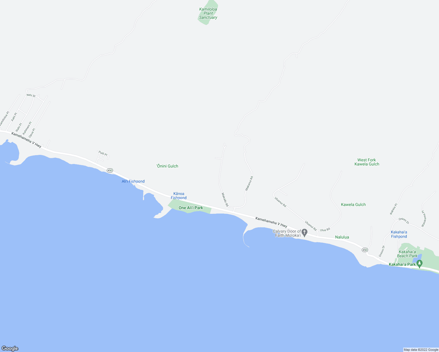 map of restaurants, bars, coffee shops, grocery stores, and more near Makaiki Road in Kaunakakai