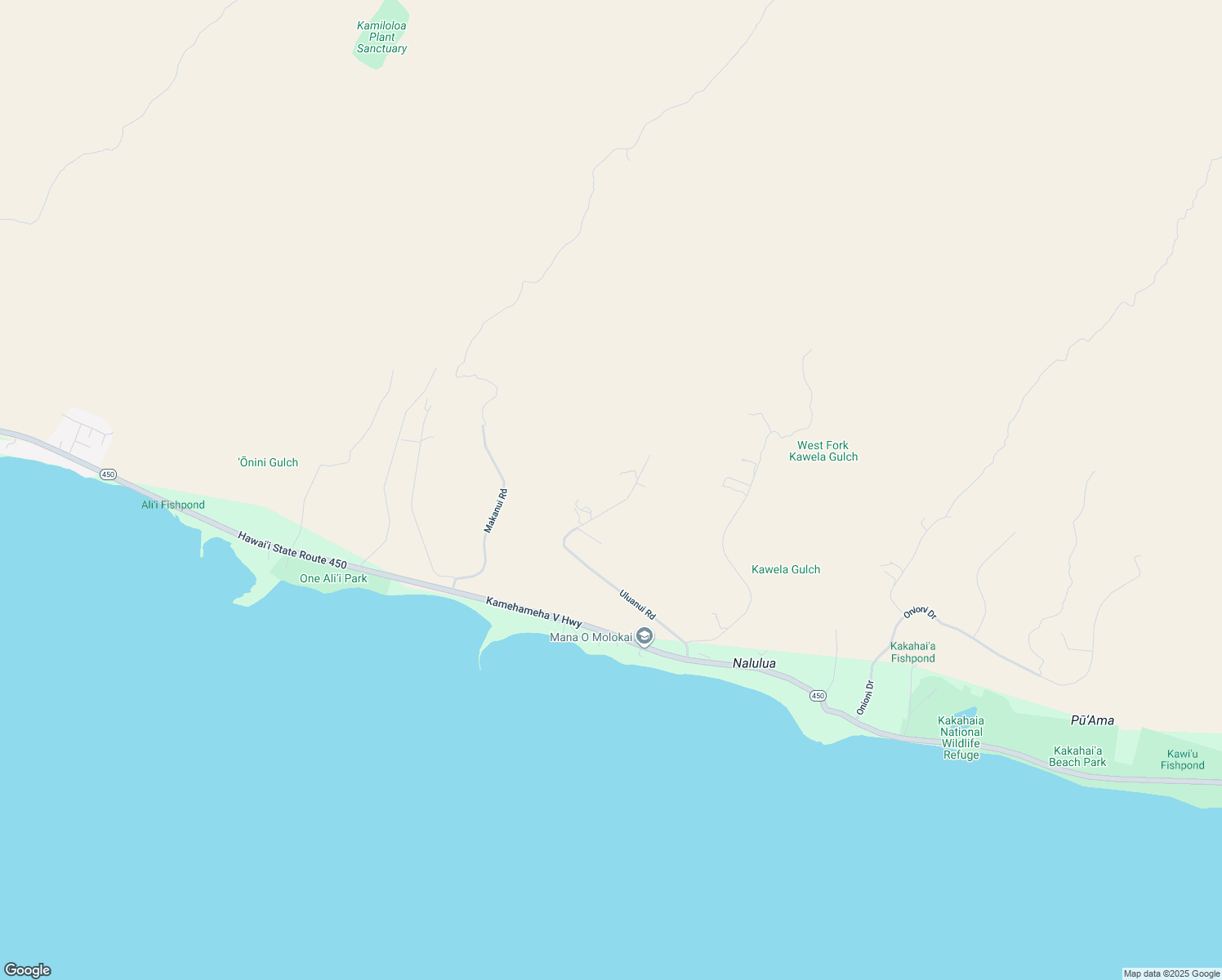 map of restaurants, bars, coffee shops, grocery stores, and more near 441 Uluanui Road in Kaunakakai