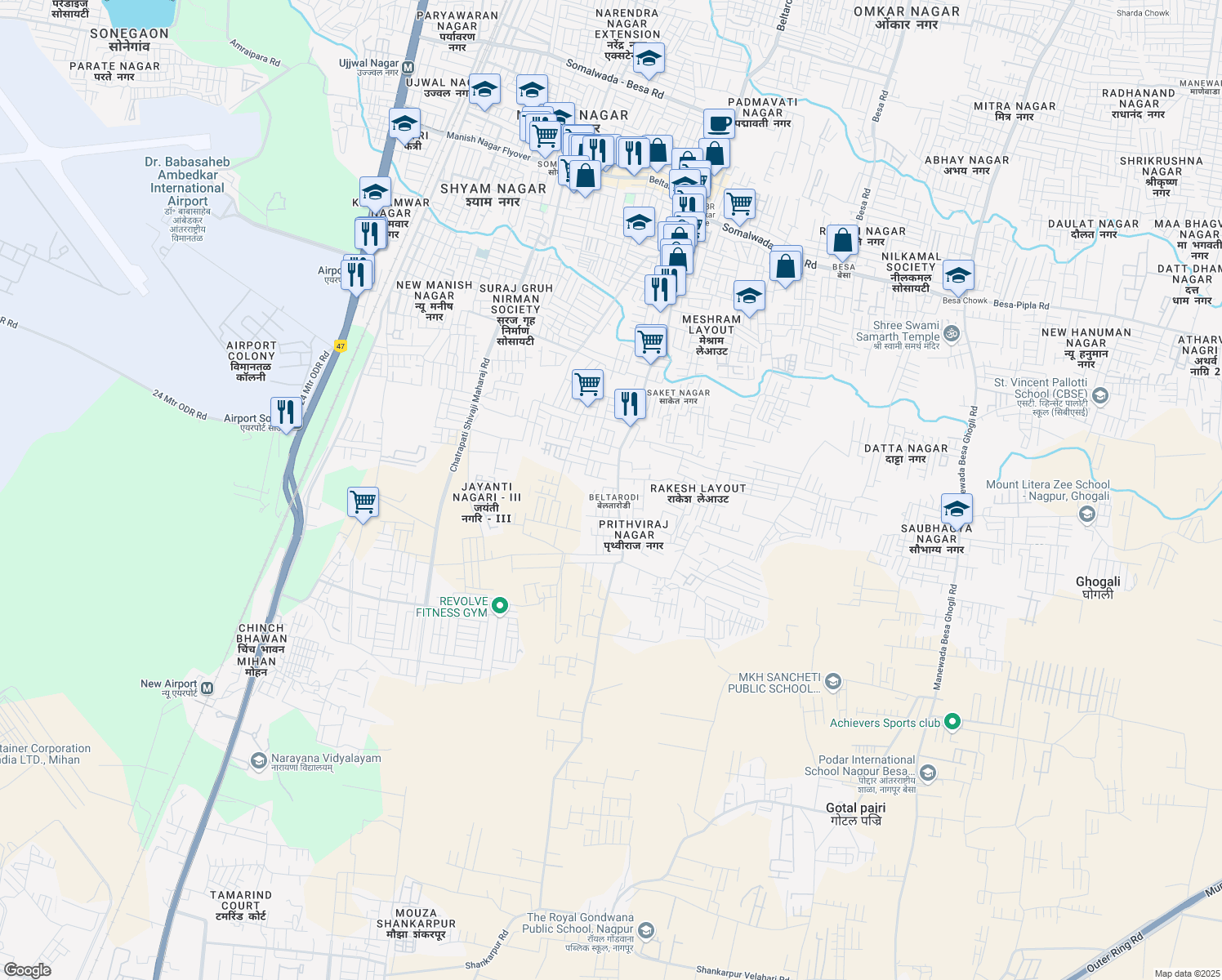 map of restaurants, bars, coffee shops, grocery stores, and more near Besa Beltarodi Road in Nagpur