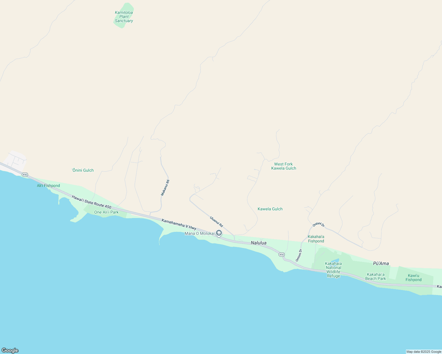 map of restaurants, bars, coffee shops, grocery stores, and more near 496 Uluanui Road in Kaunakakai