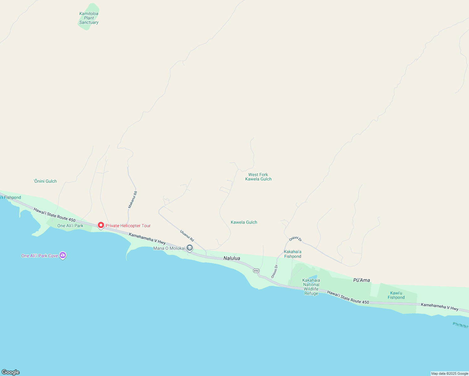 map of restaurants, bars, coffee shops, grocery stores, and more near 380 Ulua Road in Kaunakakai