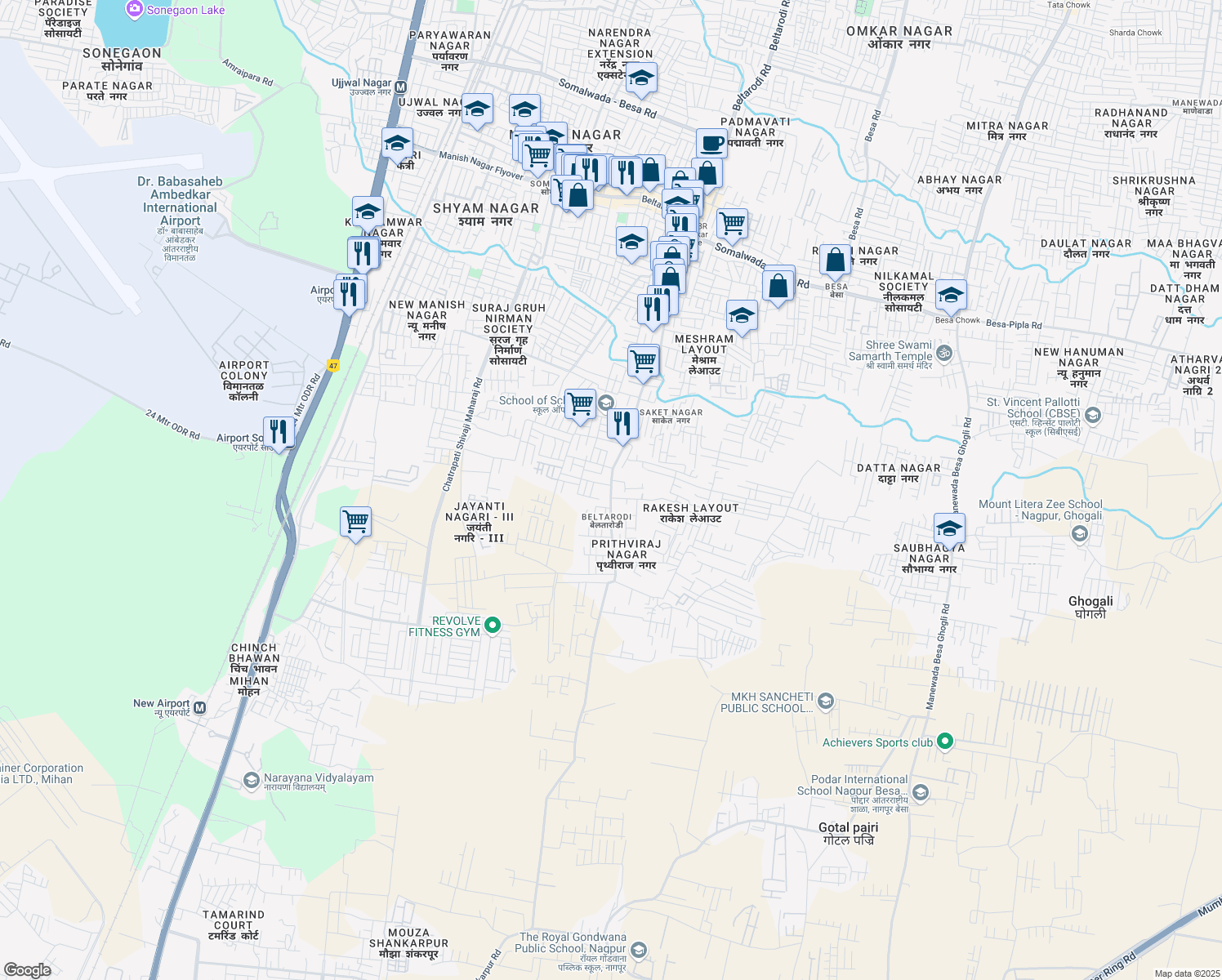 map of restaurants, bars, coffee shops, grocery stores, and more near Besa Beltarodi Road in Nagpur