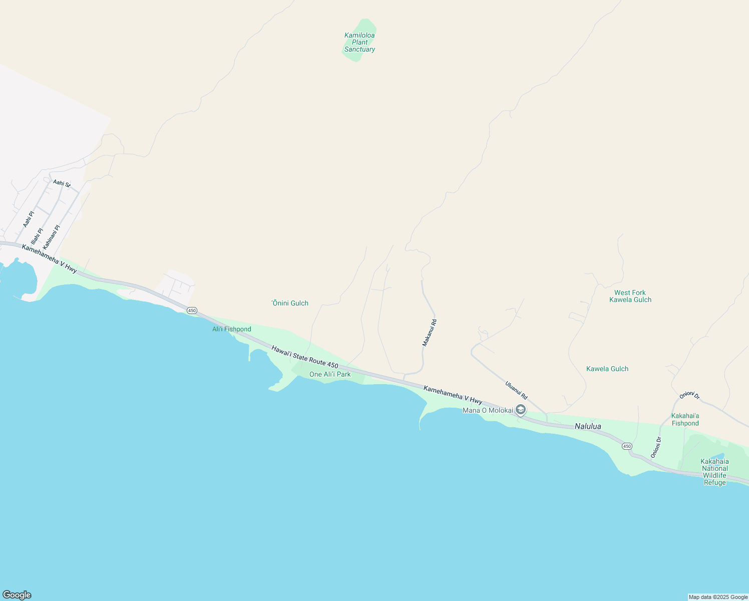 map of restaurants, bars, coffee shops, grocery stores, and more near Makaiki Road in Kaunakakai