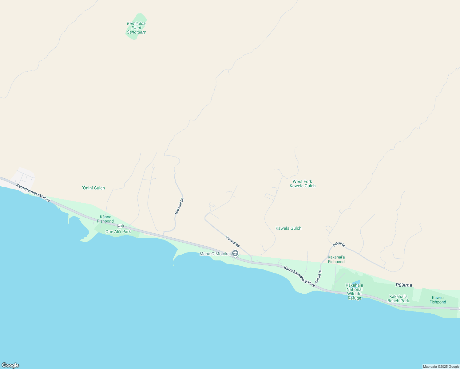 map of restaurants, bars, coffee shops, grocery stores, and more near 551 Uluanui Road in Kaunakakai