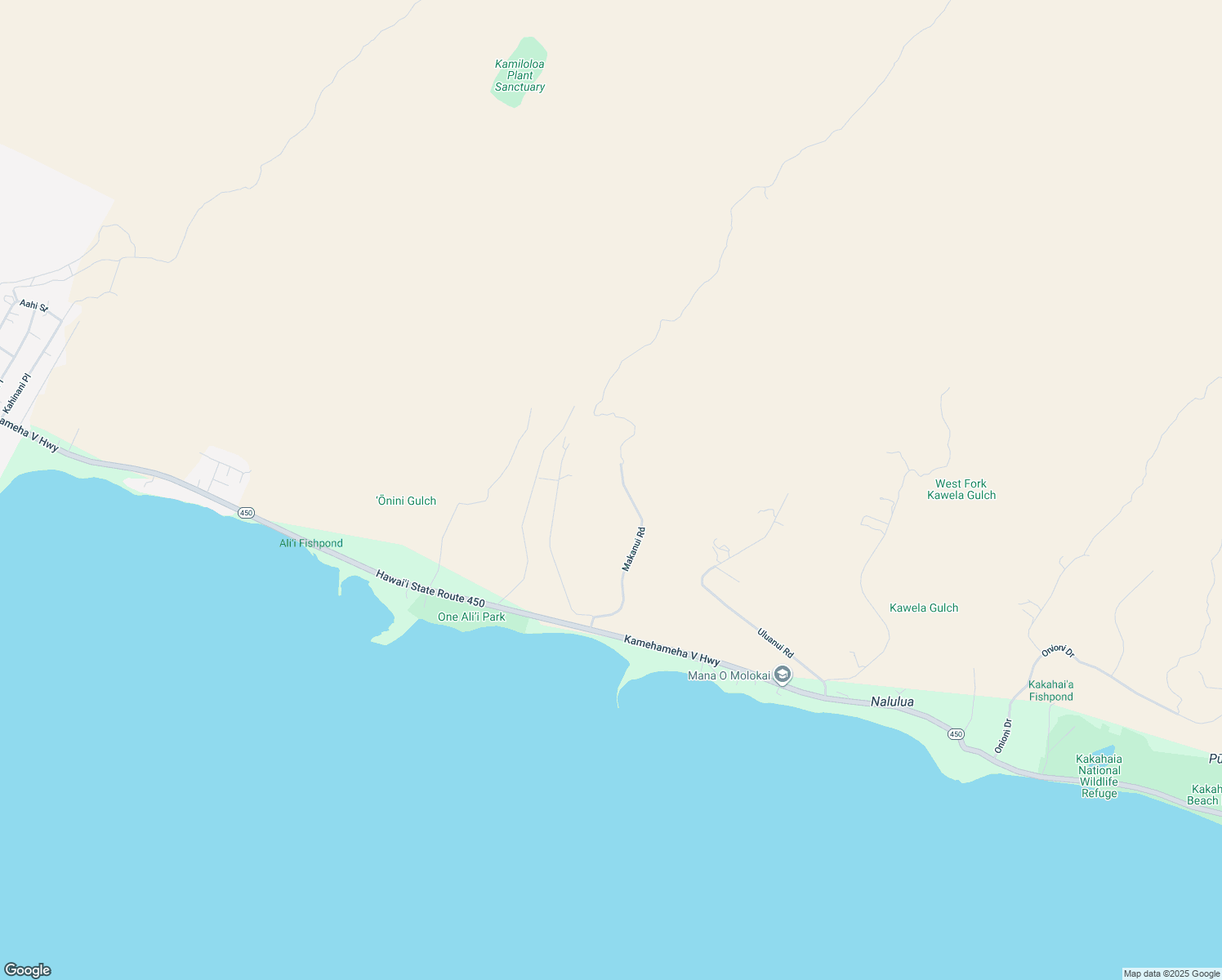 map of restaurants, bars, coffee shops, grocery stores, and more near 303 Makanui Road in Kaunakakai