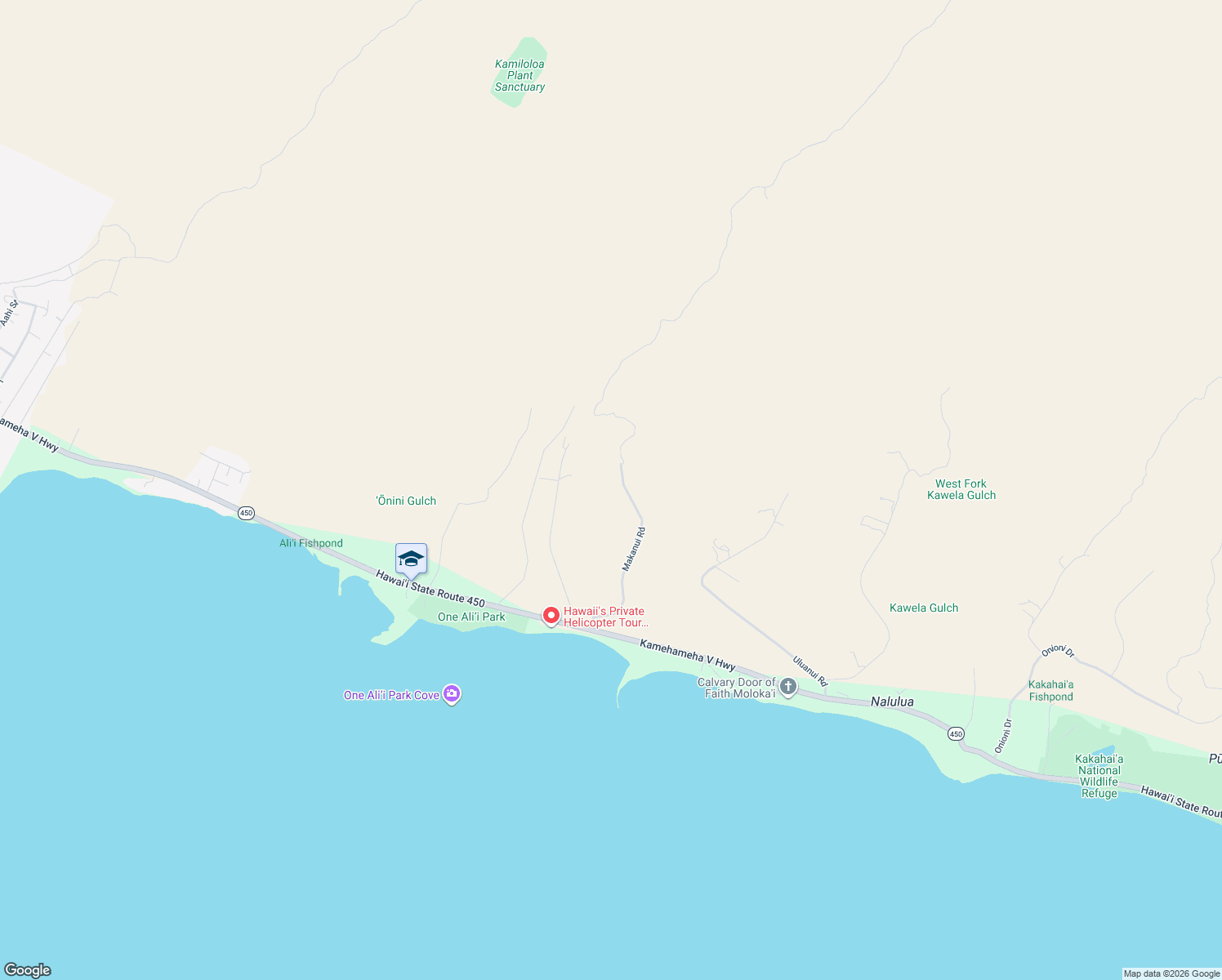 map of restaurants, bars, coffee shops, grocery stores, and more near 315 Makanui Road in Kaunakakai