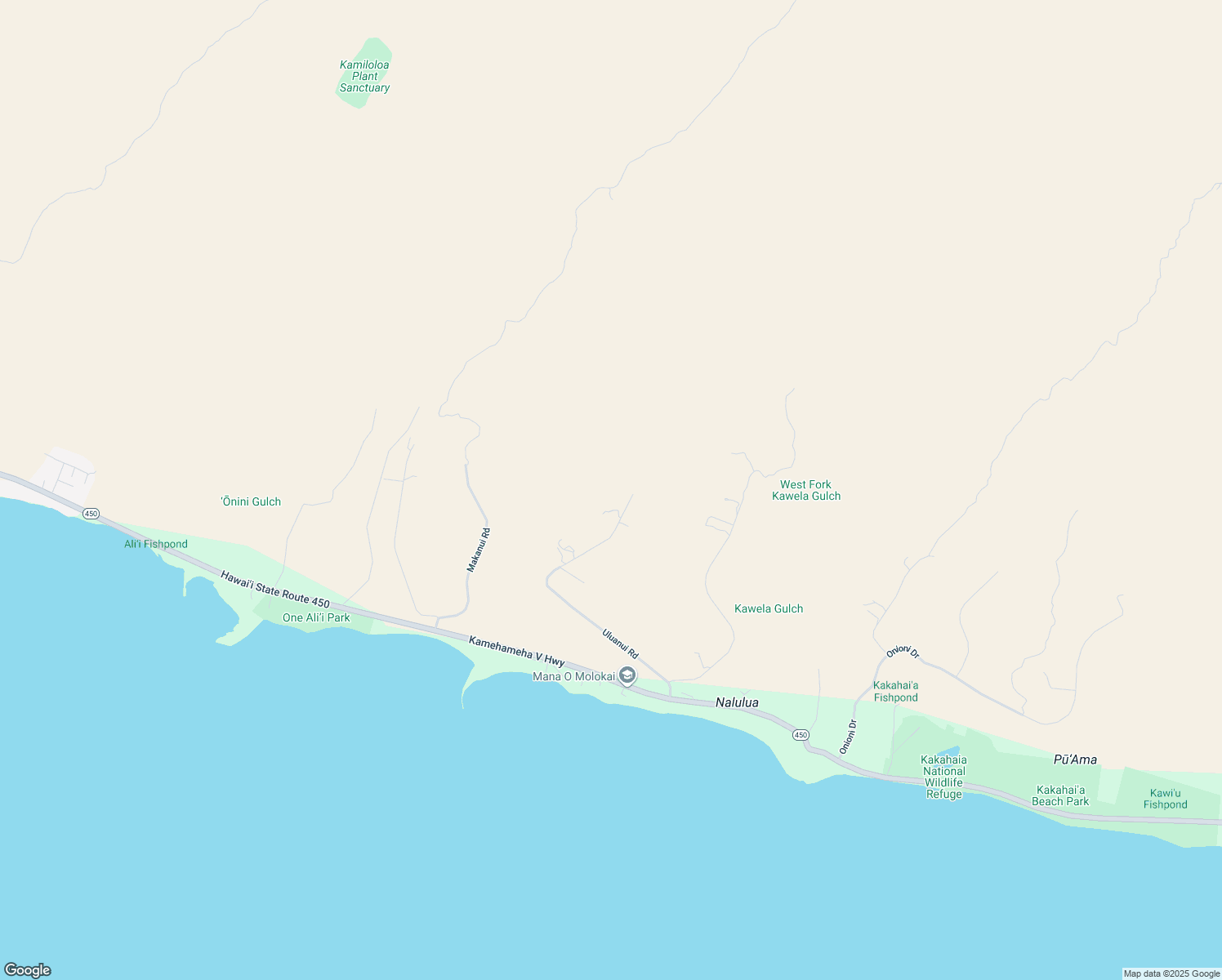 map of restaurants, bars, coffee shops, grocery stores, and more near 551 Uluanui Road in Kaunakakai