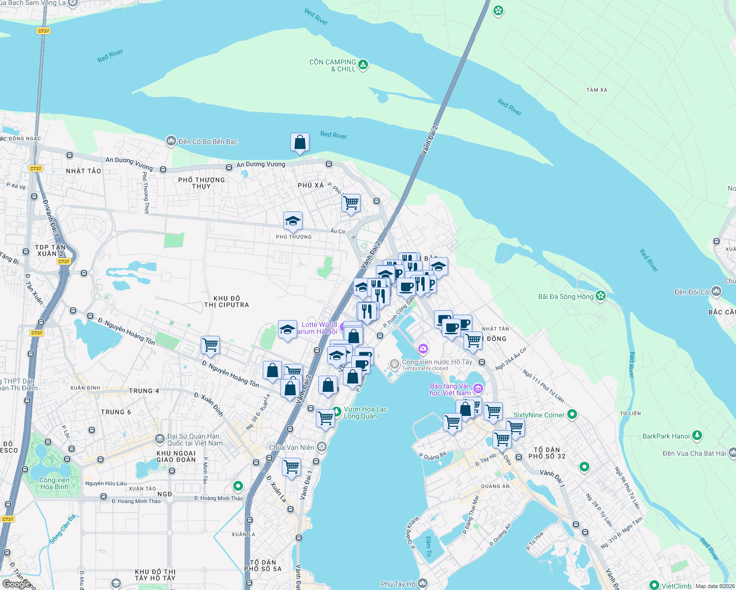 map of restaurants, bars, coffee shops, grocery stores, and more near Vườn Đào in Tây Hồ