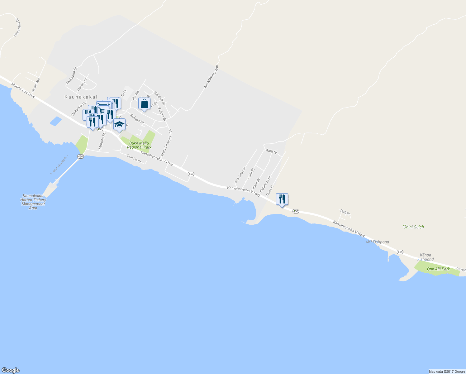 map of restaurants, bars, coffee shops, grocery stores, and more near 1005 Kamehameha V Highway in Kaunakakai