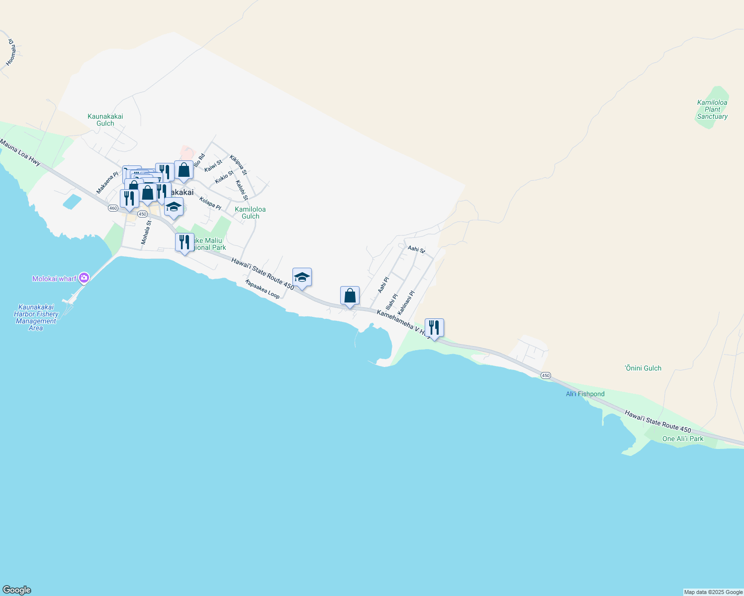 map of restaurants, bars, coffee shops, grocery stores, and more near 41 Aahi Pl in Kaunakakai