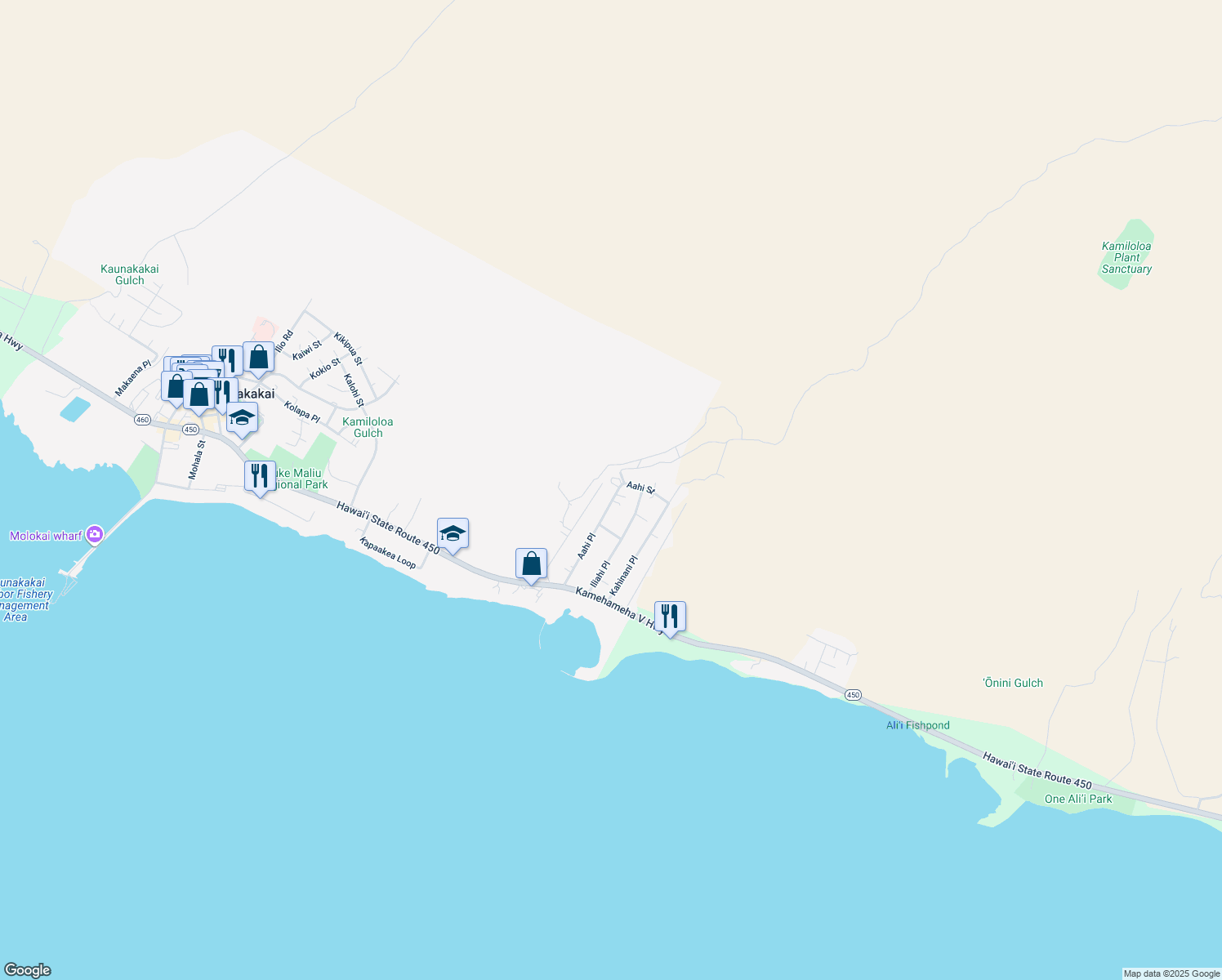 map of restaurants, bars, coffee shops, grocery stores, and more near 205 Aahi Place in Kaunakakai