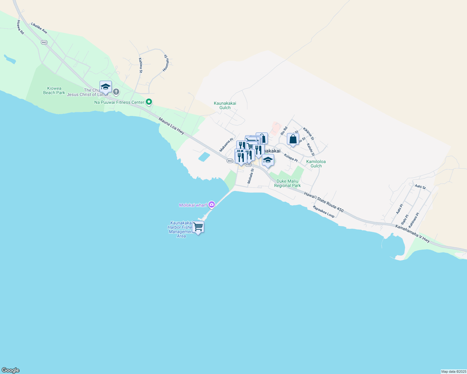 map of restaurants, bars, coffee shops, grocery stores, and more near 125 Kaunakakai Place in Kaunakakai