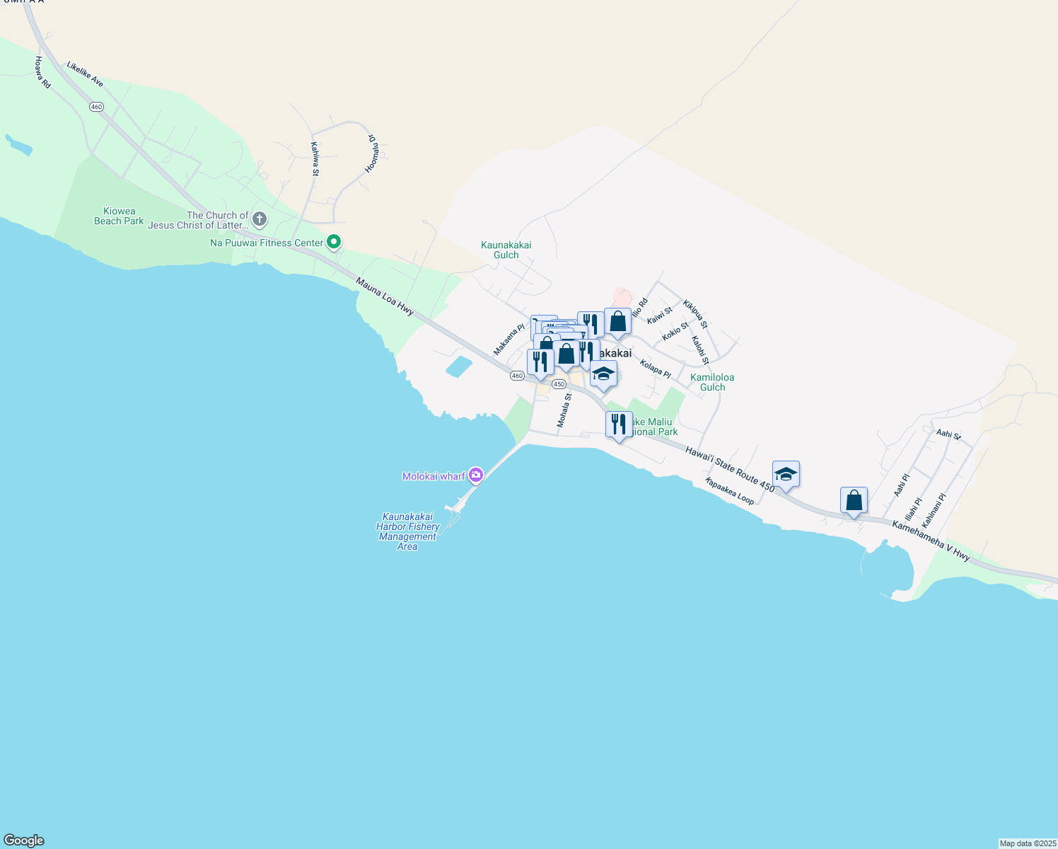map of restaurants, bars, coffee shops, grocery stores, and more near 77 Kaunakakai Pl in Kaunakakai