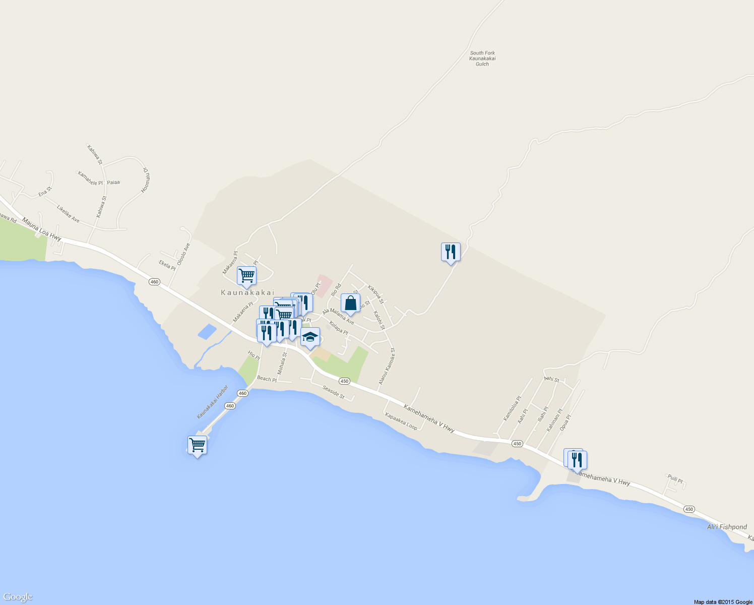 map of restaurants, bars, coffee shops, grocery stores, and more near 334 Kokio Street in Kaunakakai