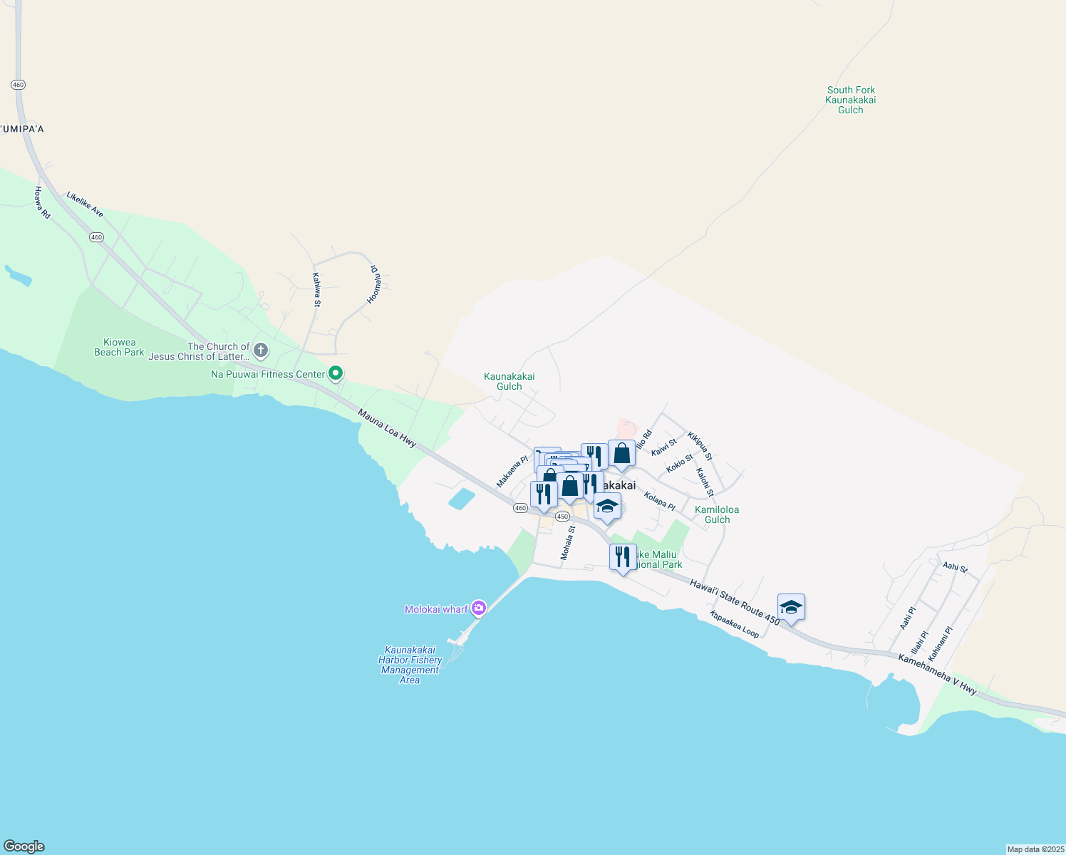 map of restaurants, bars, coffee shops, grocery stores, and more near 25 Moai Loop in Kaunakakai