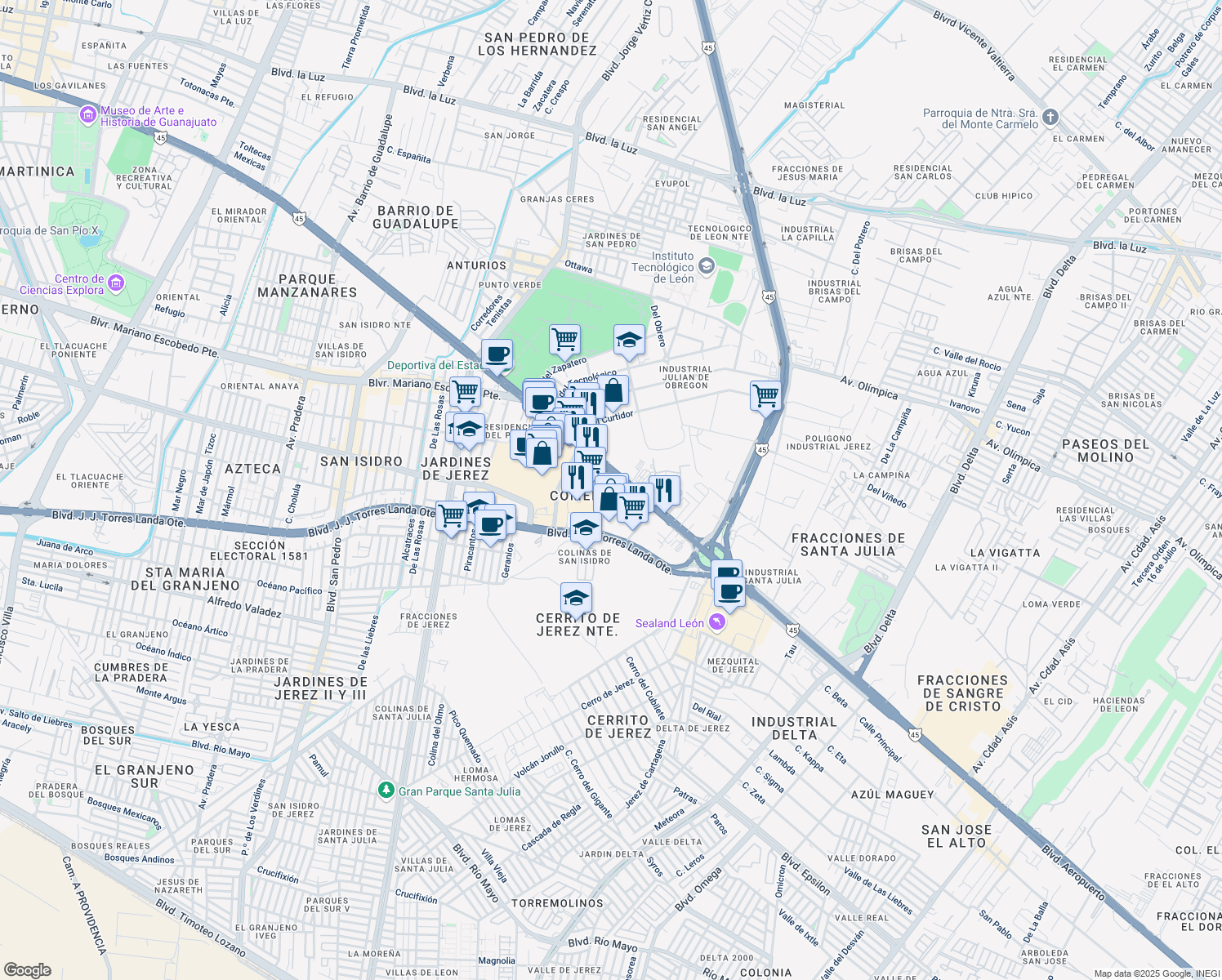 map of restaurants, bars, coffee shops, grocery stores, and more near 3002 Boulevard Adolfo López Mateos in León