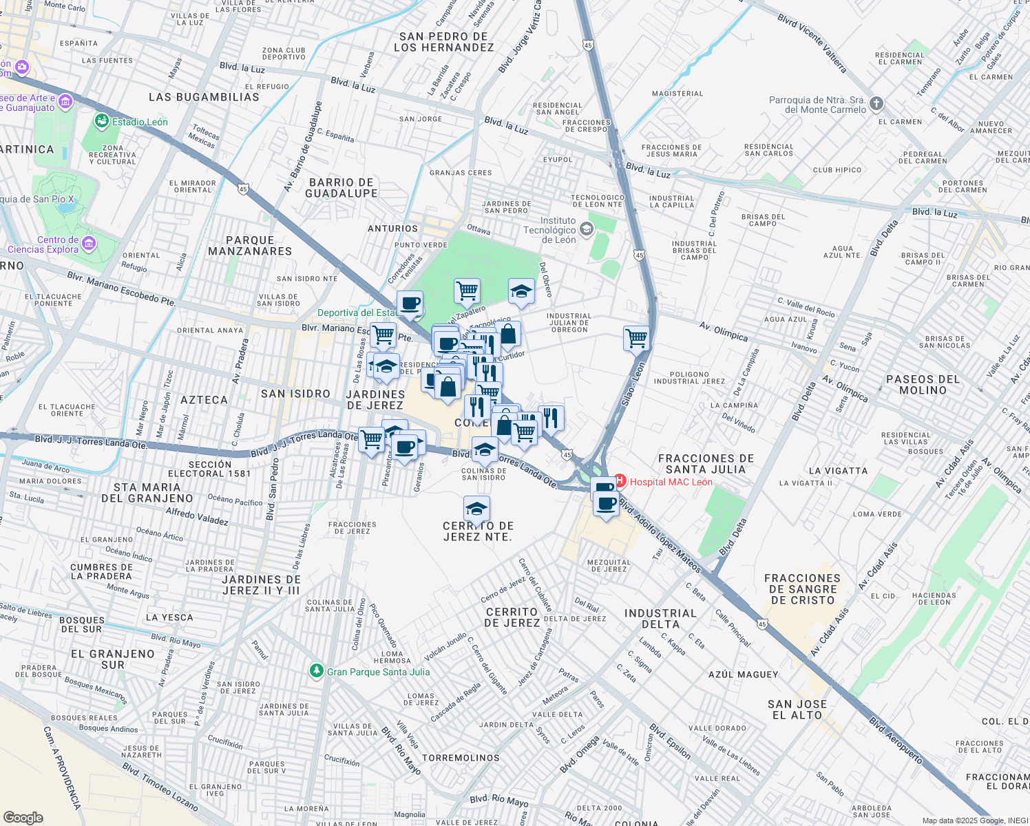 map of restaurants, bars, coffee shops, grocery stores, and more near 3002 Boulevard Adolfo López Mateos Ote. in León