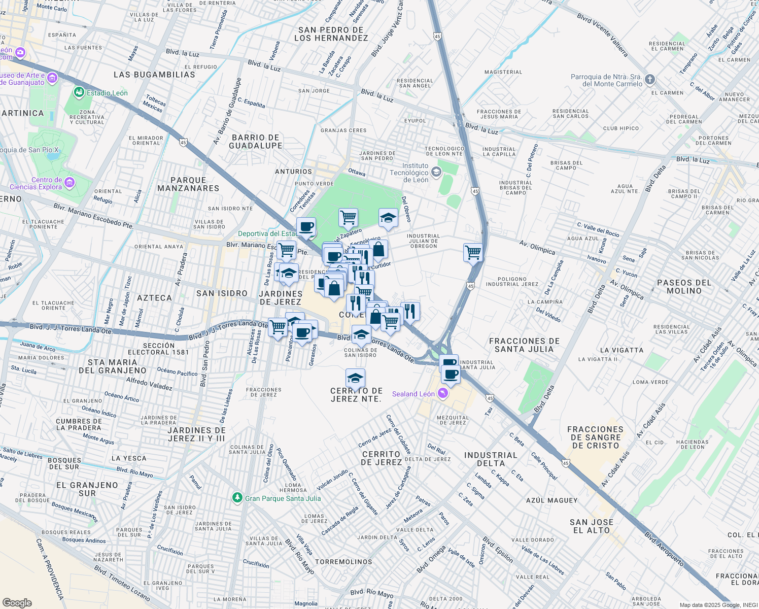 map of restaurants, bars, coffee shops, grocery stores, and more near 3002 Boulevard Adolfo López Mateos in León
