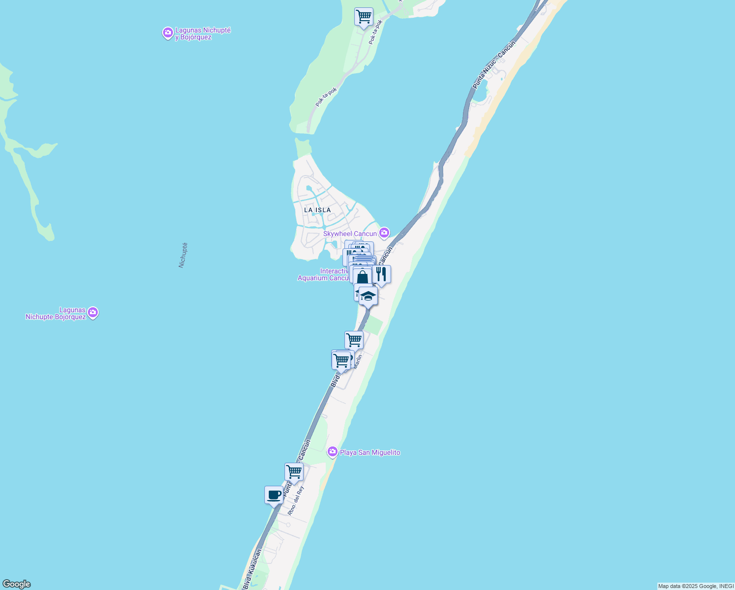 map of restaurants, bars, coffee shops, grocery stores, and more near km 12,5 Boulevard Kukulcan in Cancún