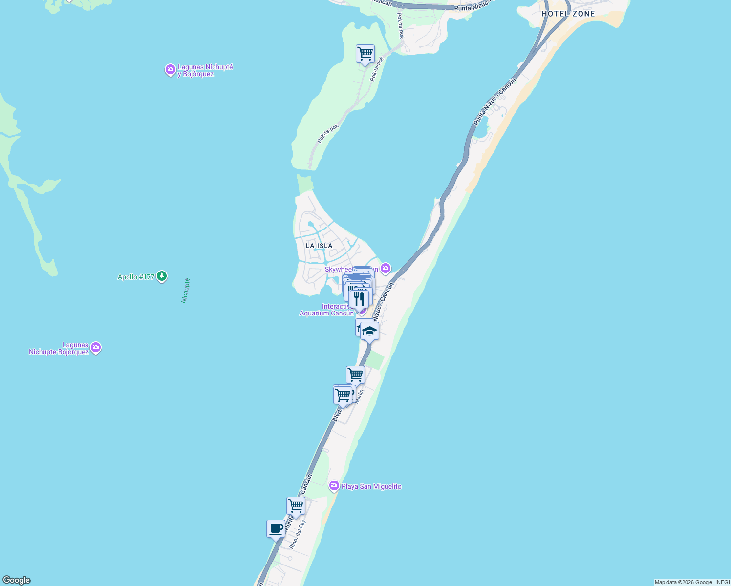 map of restaurants, bars, coffee shops, grocery stores, and more near km 12,5 Boulevard Kukulcan in Cancún