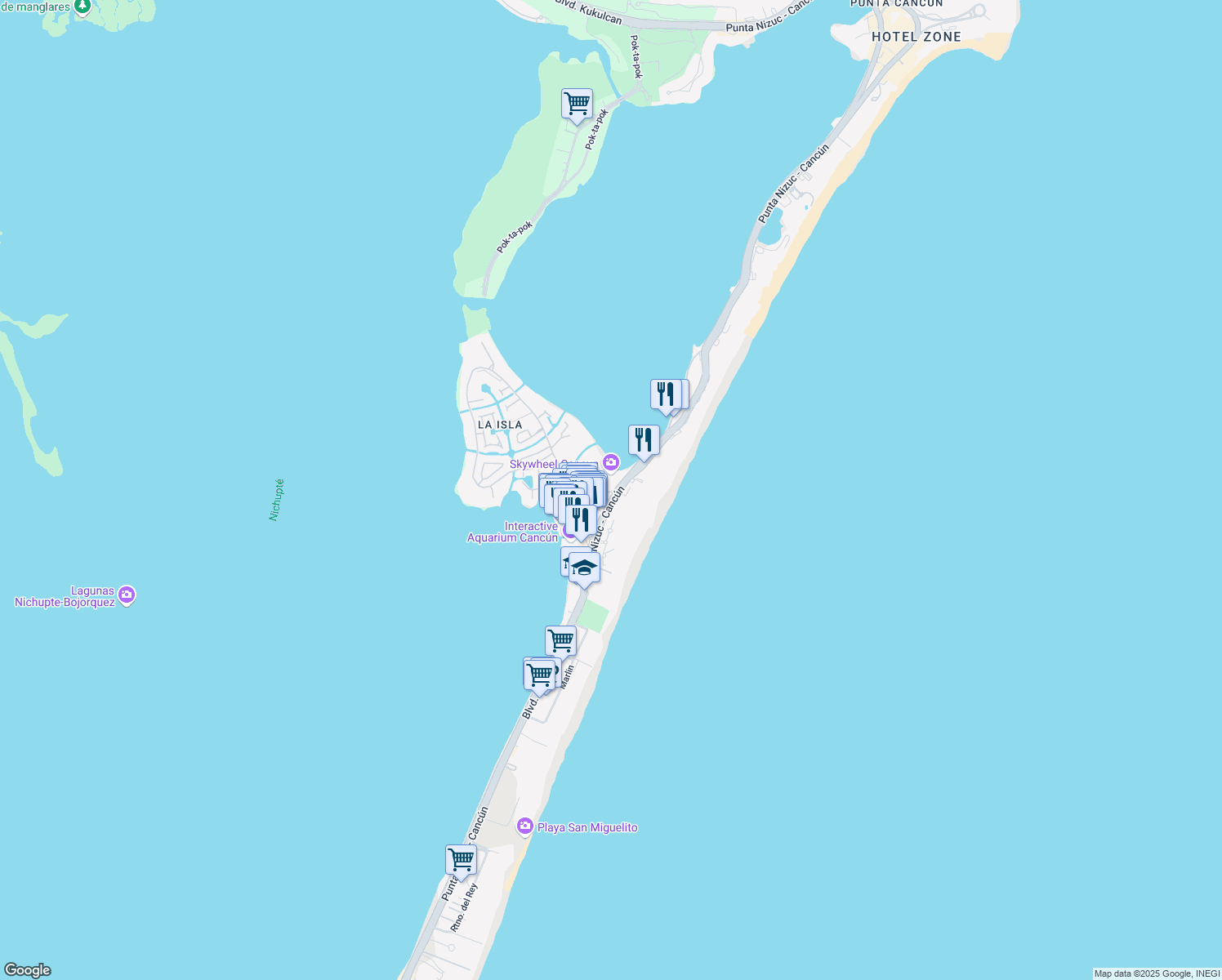 map of restaurants, bars, coffee shops, grocery stores, and more near Boulevard Kukulcan in Cancún