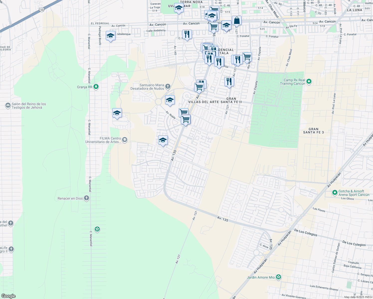 map of restaurants, bars, coffee shops, grocery stores, and more near Avenida Mallorca in Cancún