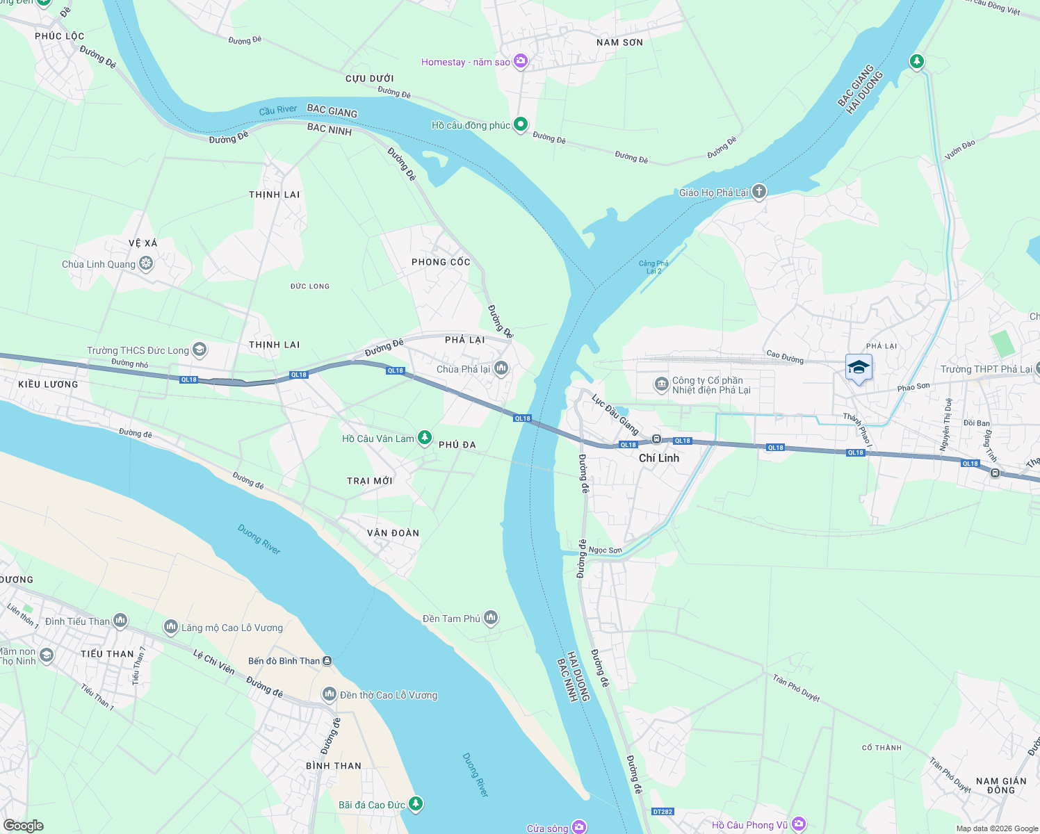 map of restaurants, bars, coffee shops, grocery stores, and more near Đường 18 in Quế Võ