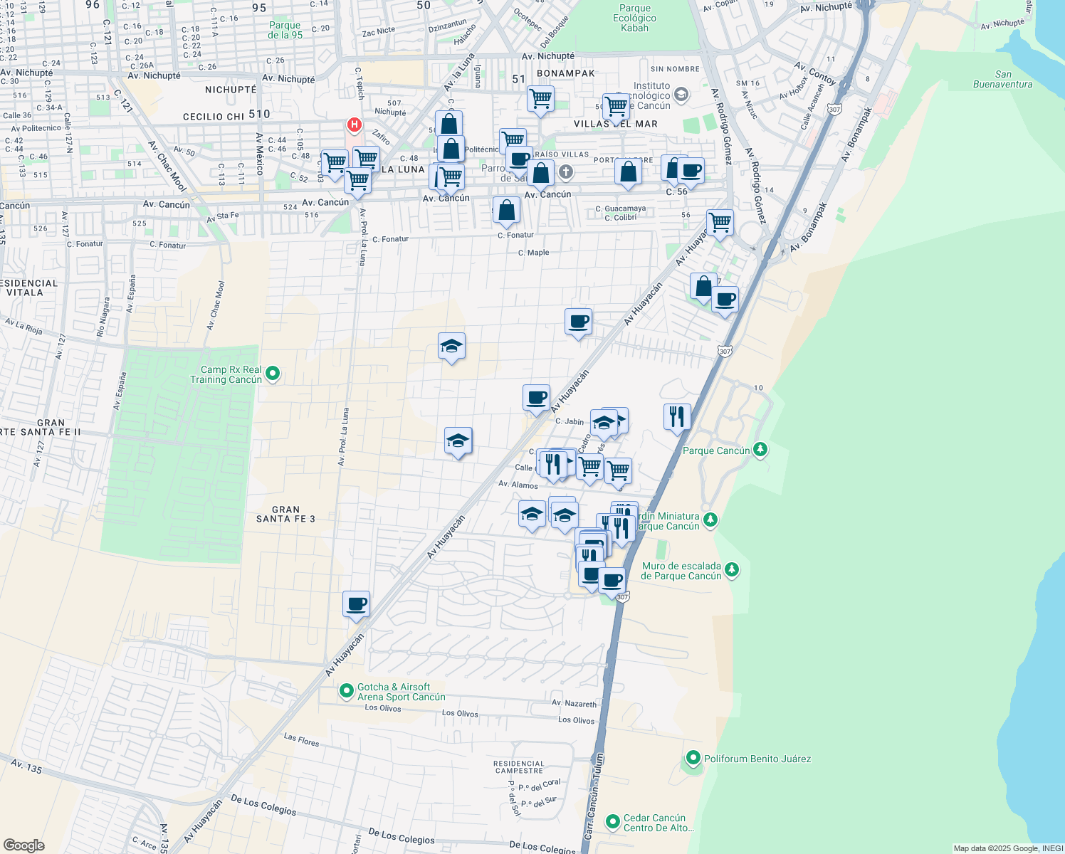 map of restaurants, bars, coffee shops, grocery stores, and more near Avenida Huayacán in Cancún
